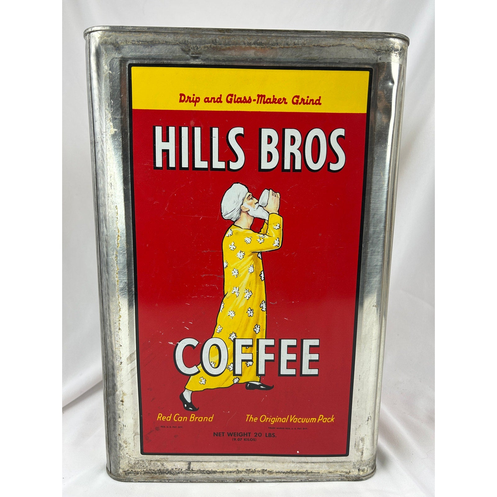 Vintage Hills Bros Coffee Red & Yellow Metal Container Tin, 20 lb