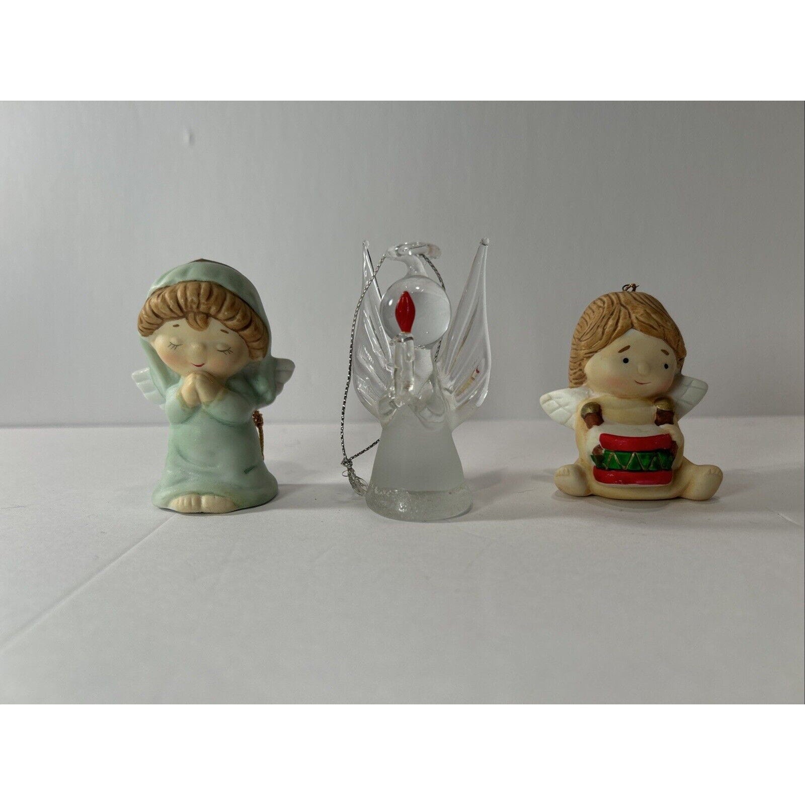 Lot of 3 Angel Christmas Ornaments Glass Porcelain Praying Drummer Vintage