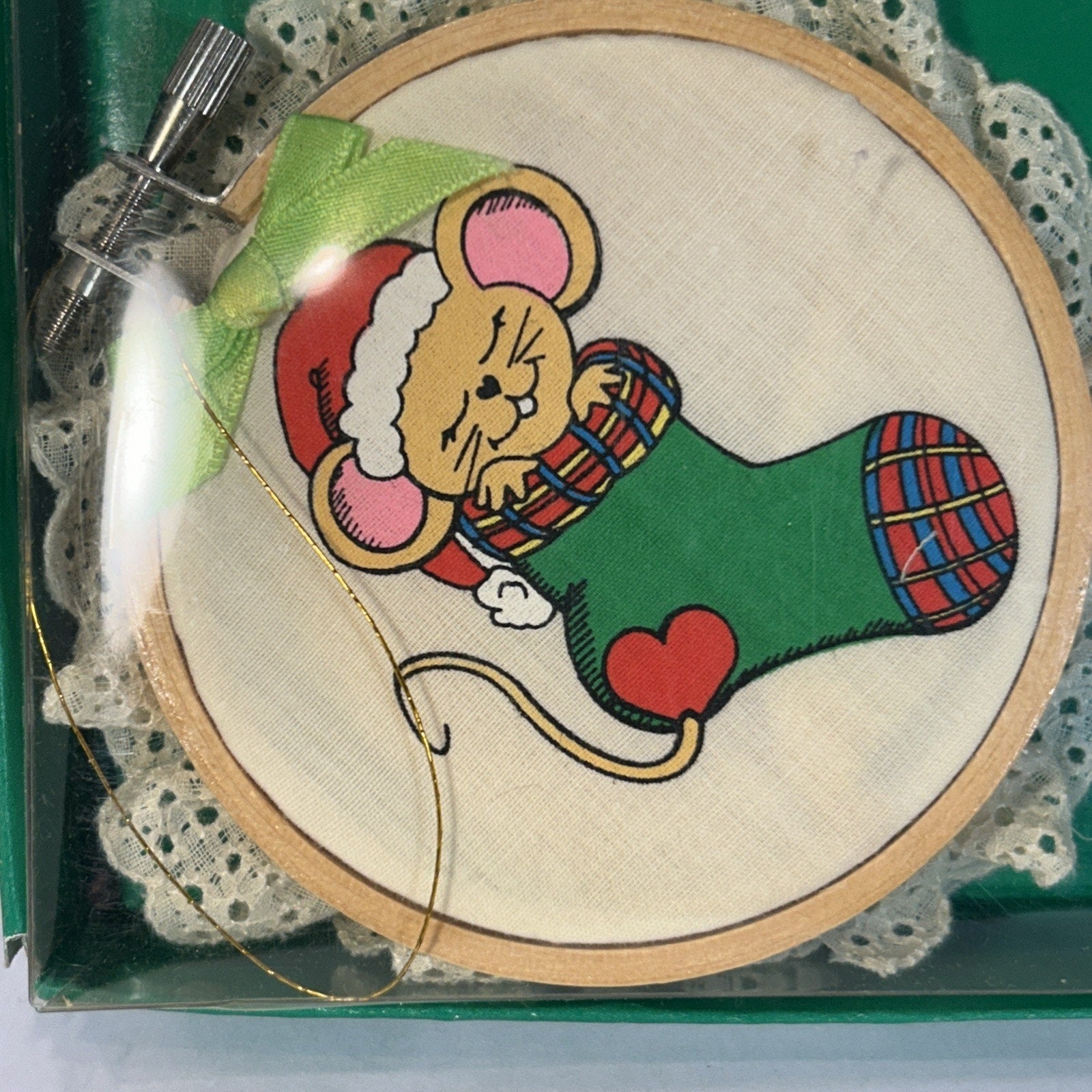 Vintage 1985 Giftco Heart Warmers Wood & Cloth Christmas Ornament Mouse Stocking