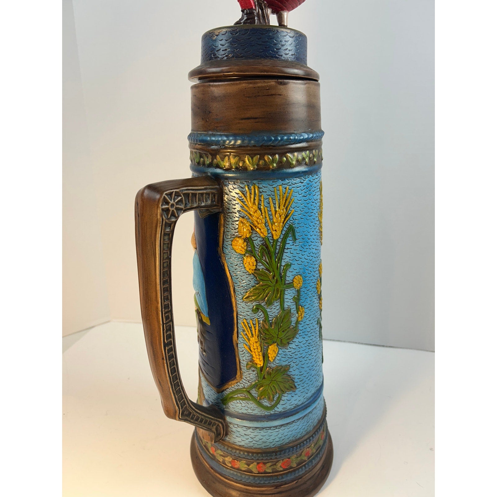 German Beer Stein Dancing Couple Relief Lidded Ceramic Tall Collectible