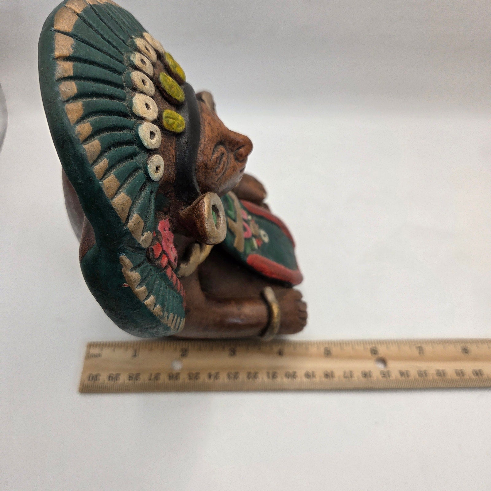 Vintage Mexican Hand Painted Clay Aztec Style Figure Statue 6.5" Folk Art