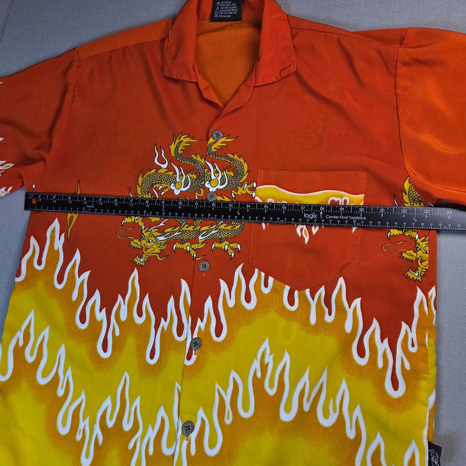 Uluwatu Dragon Flame Rayon Hawaiian Camp Shirt Mens Large Orange Y2K Top