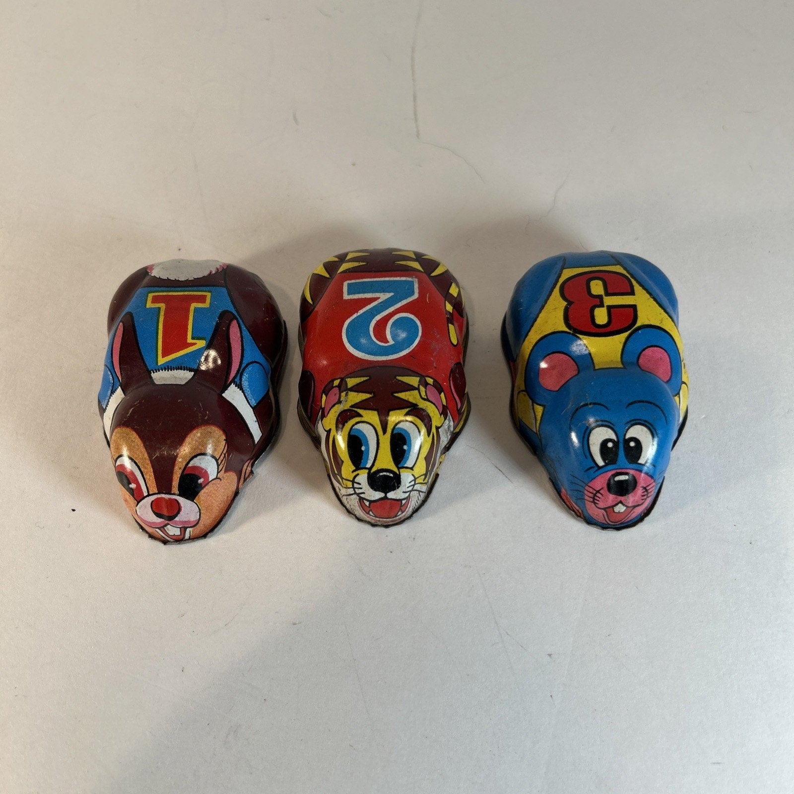 Vintage Yoone Japan Tin Friction Racers Set of 3 Rabbit Tiger Mouse 1950s–70s