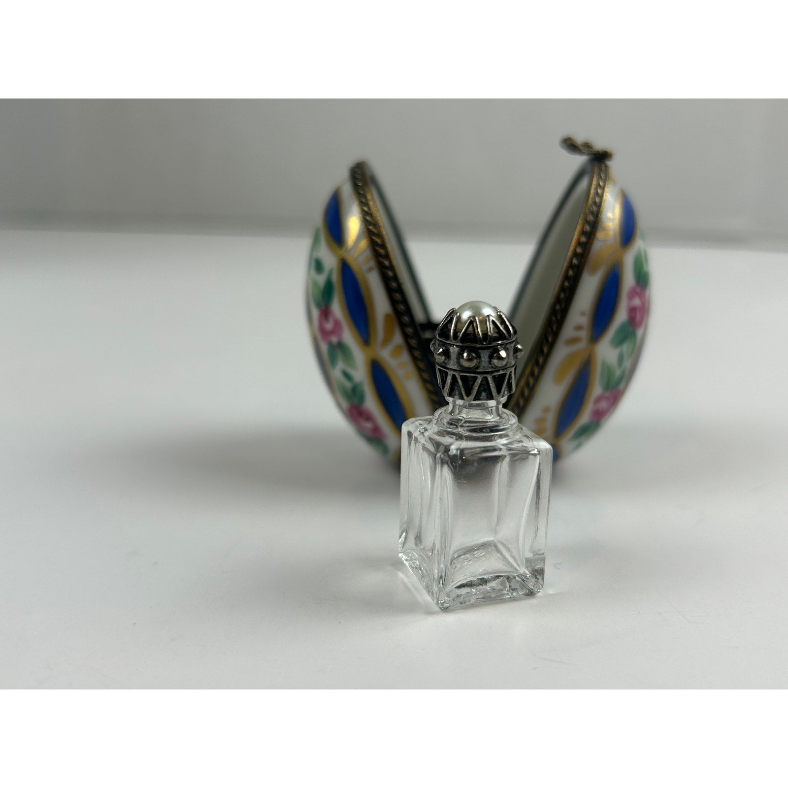 Vintage Limoges Hinged Egg Trinket Box with Perfume Bottle Hand Painted