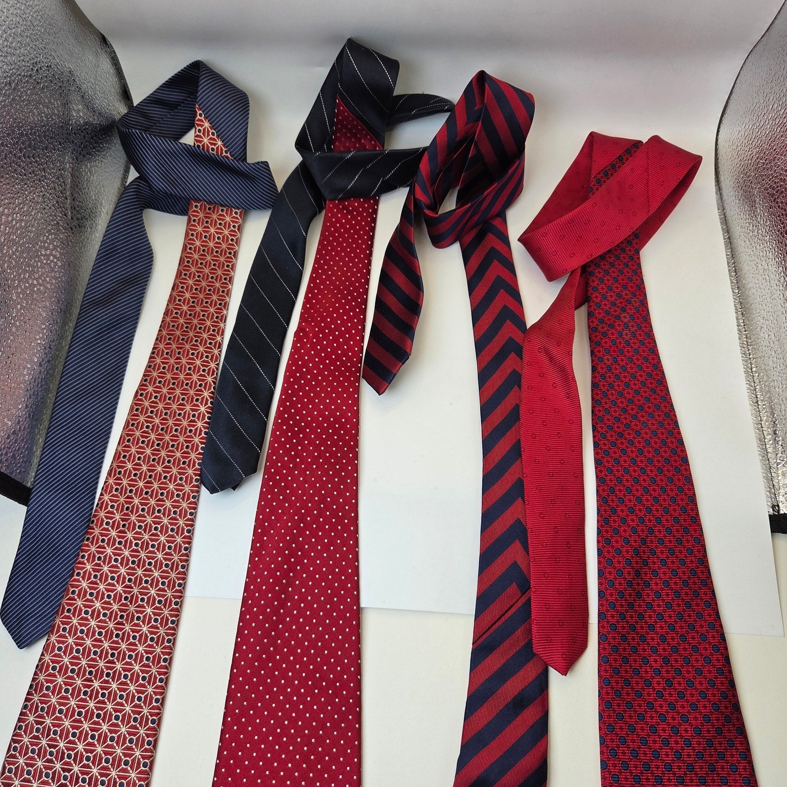 Tommy Hilfiger Red Silk Tie Lot 4 USA Striped Polka Dot Geometric Contrast Tips