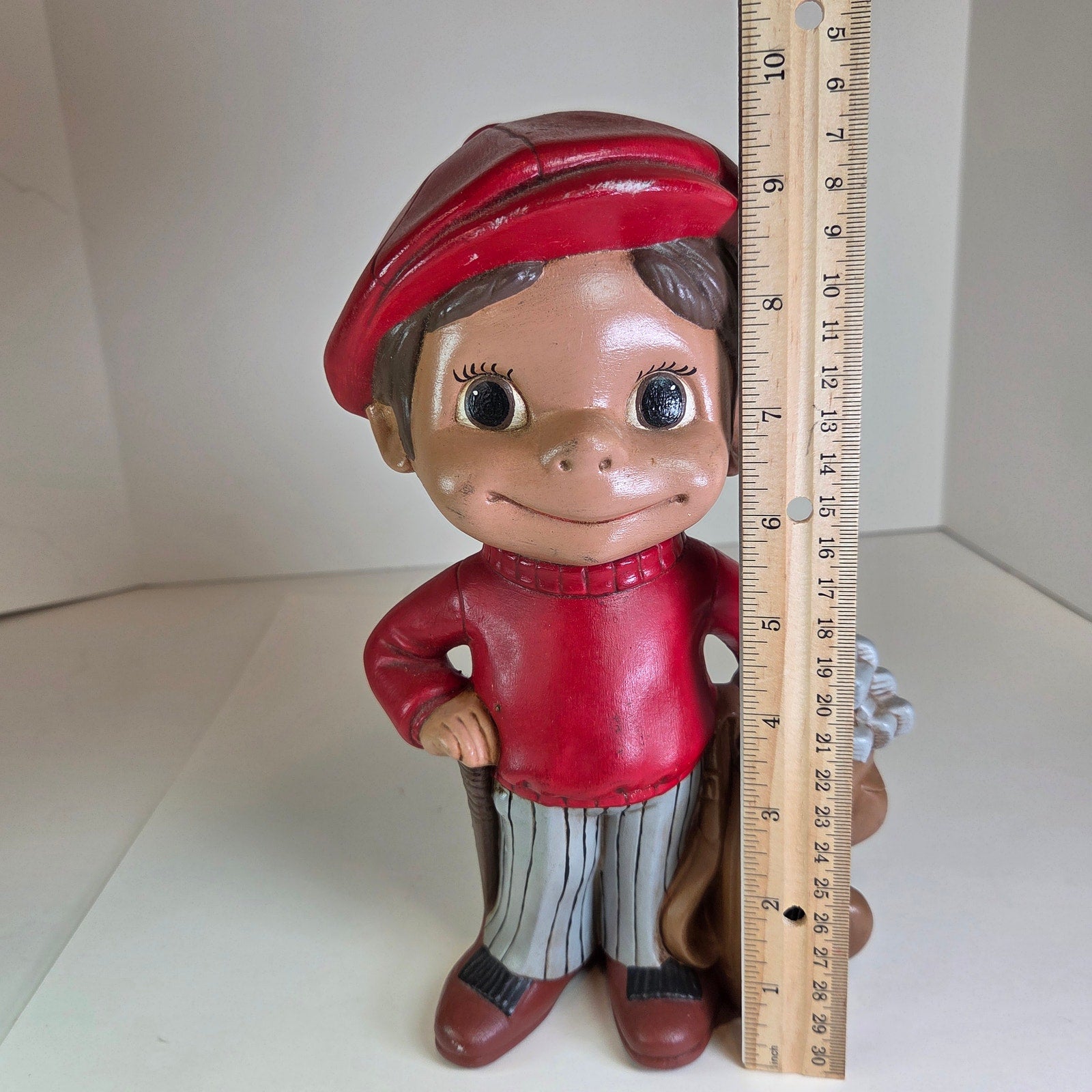 Vintage Monico Ceramics Golfer Boy Figurine Red Cap Golf Bag 1970s 9.75” Tall