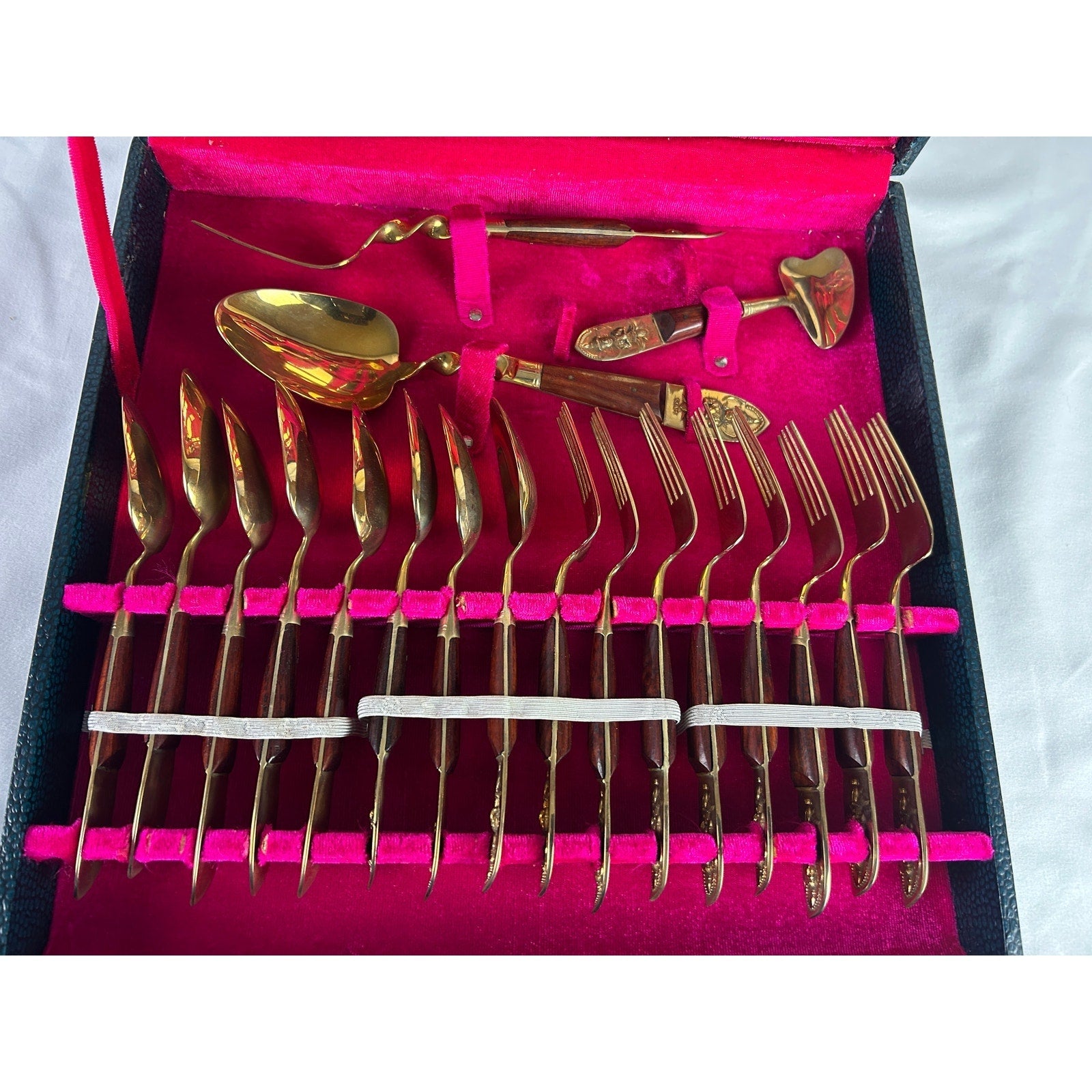 Vintage Siam Brass Bronze Flatware Serving Set Thailand 24 Pc Case