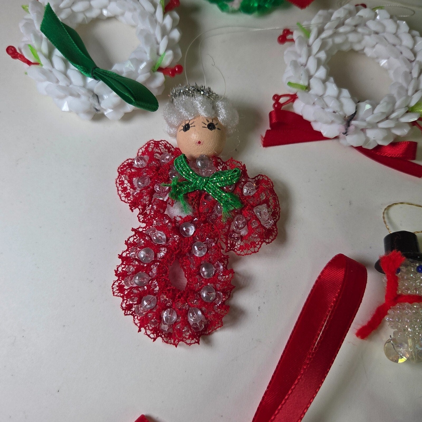 Vintage Handmade Beaded Christmas Ornaments Lot – Wreaths, Birds, More