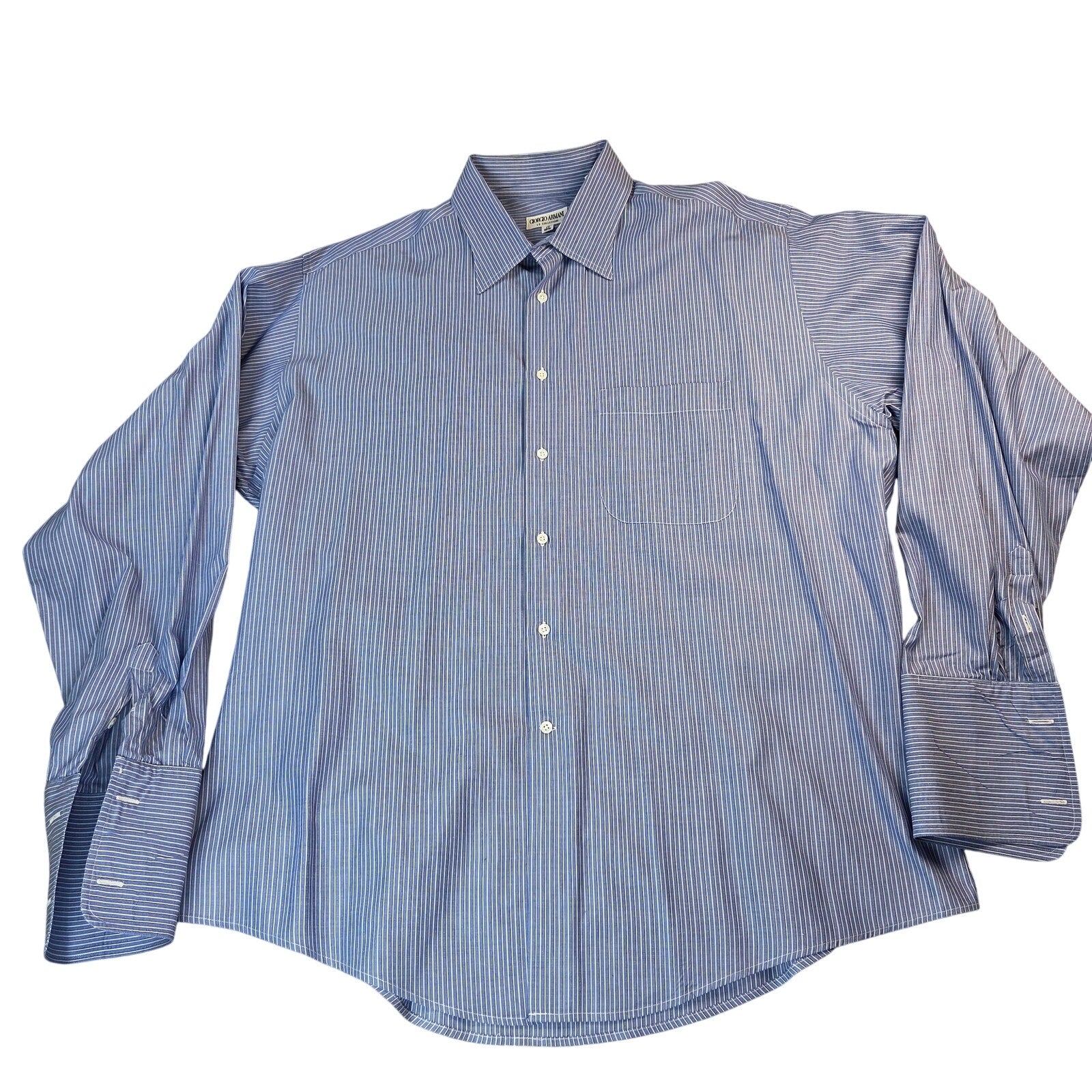 Giorgio Armani Le Collezioni Blue Stripe French Cuff Dress Shirt 17 34/35