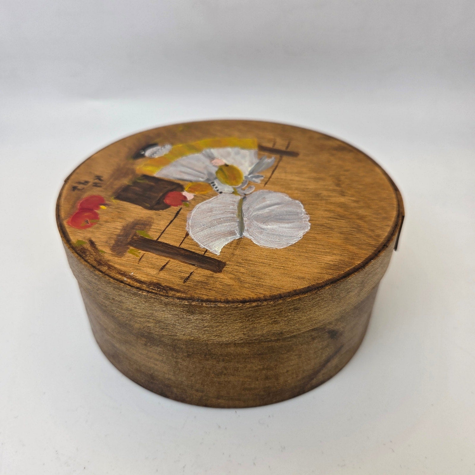 Vintage 1982 Hand Painted Wooden Cheese Box Folk Art Signed KH