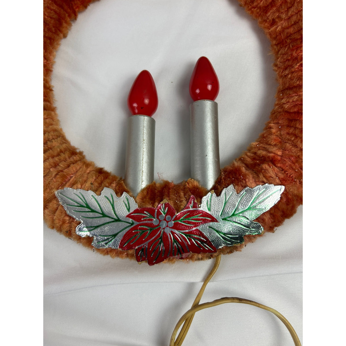 Vintage 1940s Chenille Christmas Wreath Double Electric Candles 11" WORKS