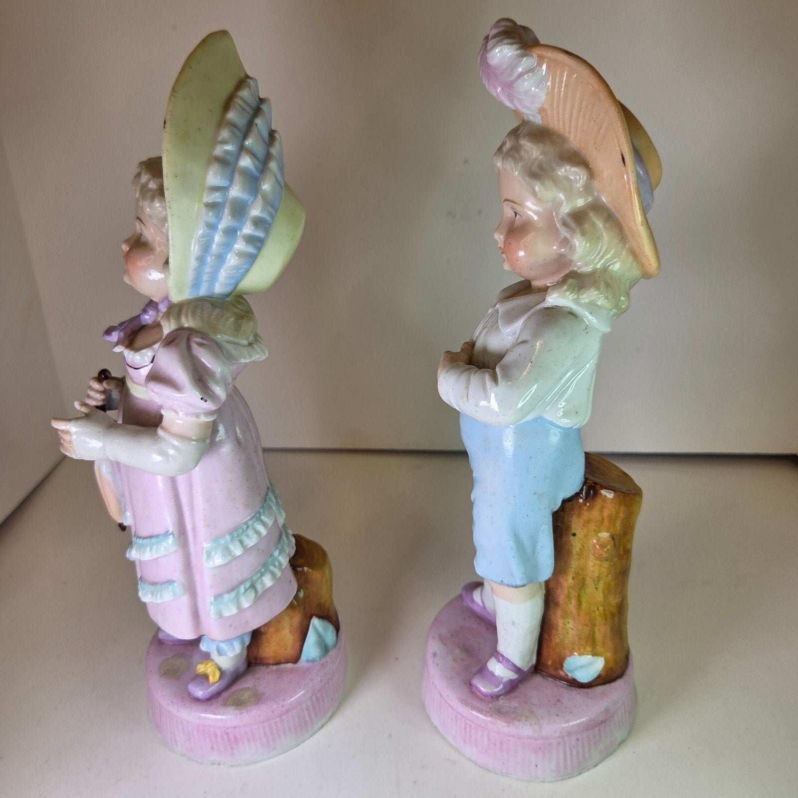 Vintage Bisque Boy & Girl Umbrella Figurines Porcelain 10-11" Pair Collectible