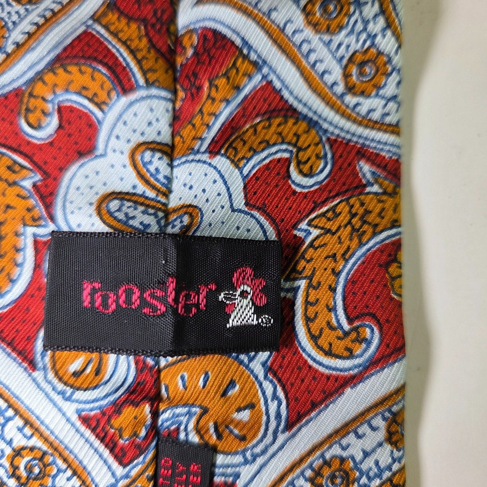 Vintage Rooster Flat Tip Tie Paisley Red Gold White Hand Printed USA 3.25"