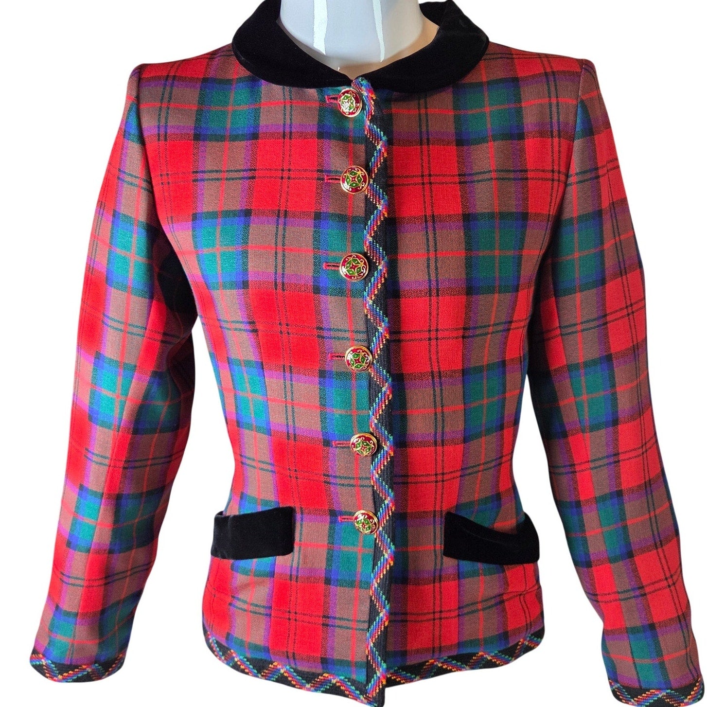 Vintage Yves Saint Laurent Rive Gauche 1994 Tartan Wool Jacket Velvet Trim FR38