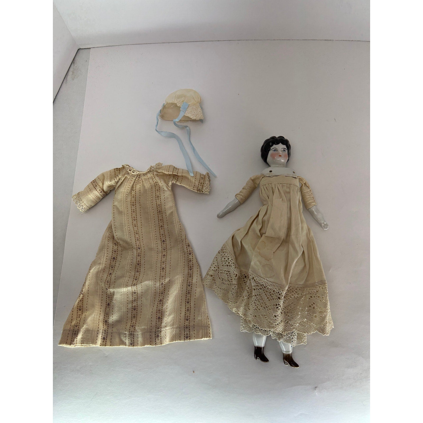 Antique China Head Doll 14 inch Black Hair Original Body and Clothes 1880s