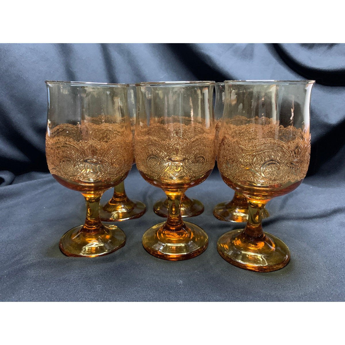 Vintage Libbey Americana Amber Wine Goblets Embossed Floral Set of 6