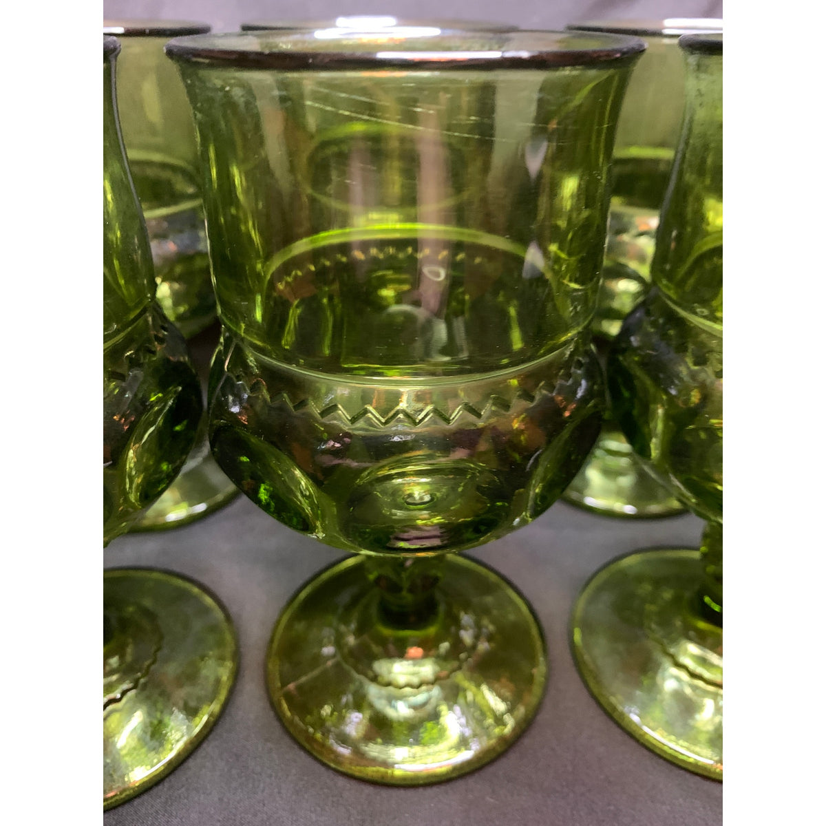 Vintage Indiana Glass Kings Crown Olive Green Goblets Set of 8 READ