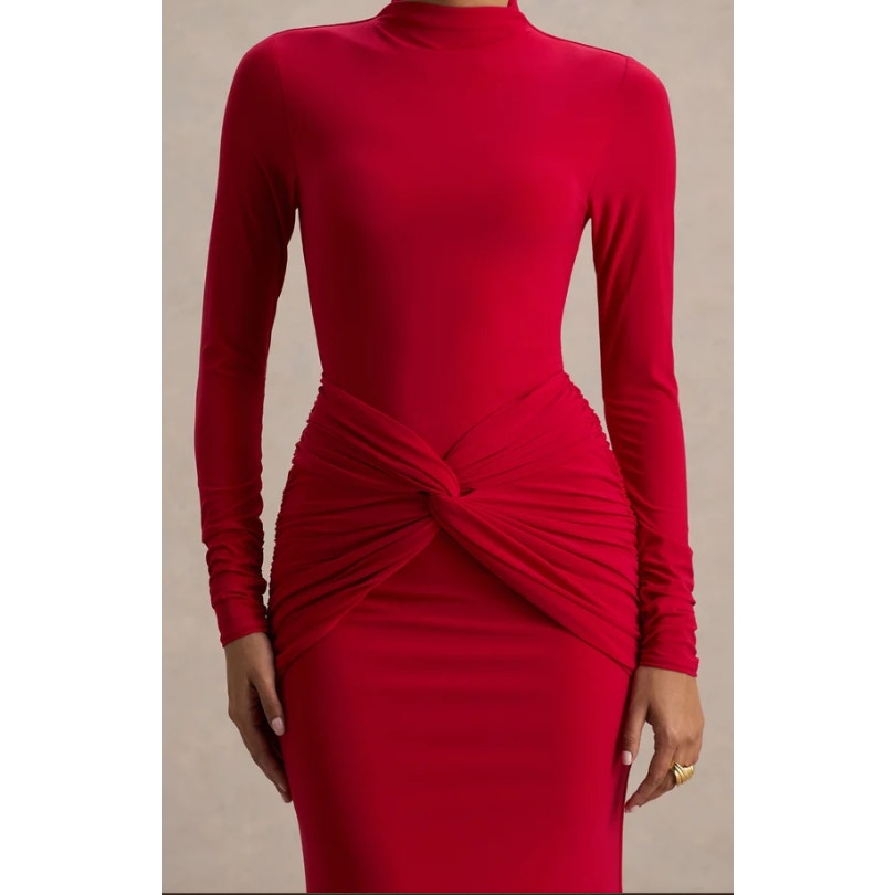 Club L London Alula Red High Neck Twist Maxi Dress UK 10 US 6 Long Sleeve NWT