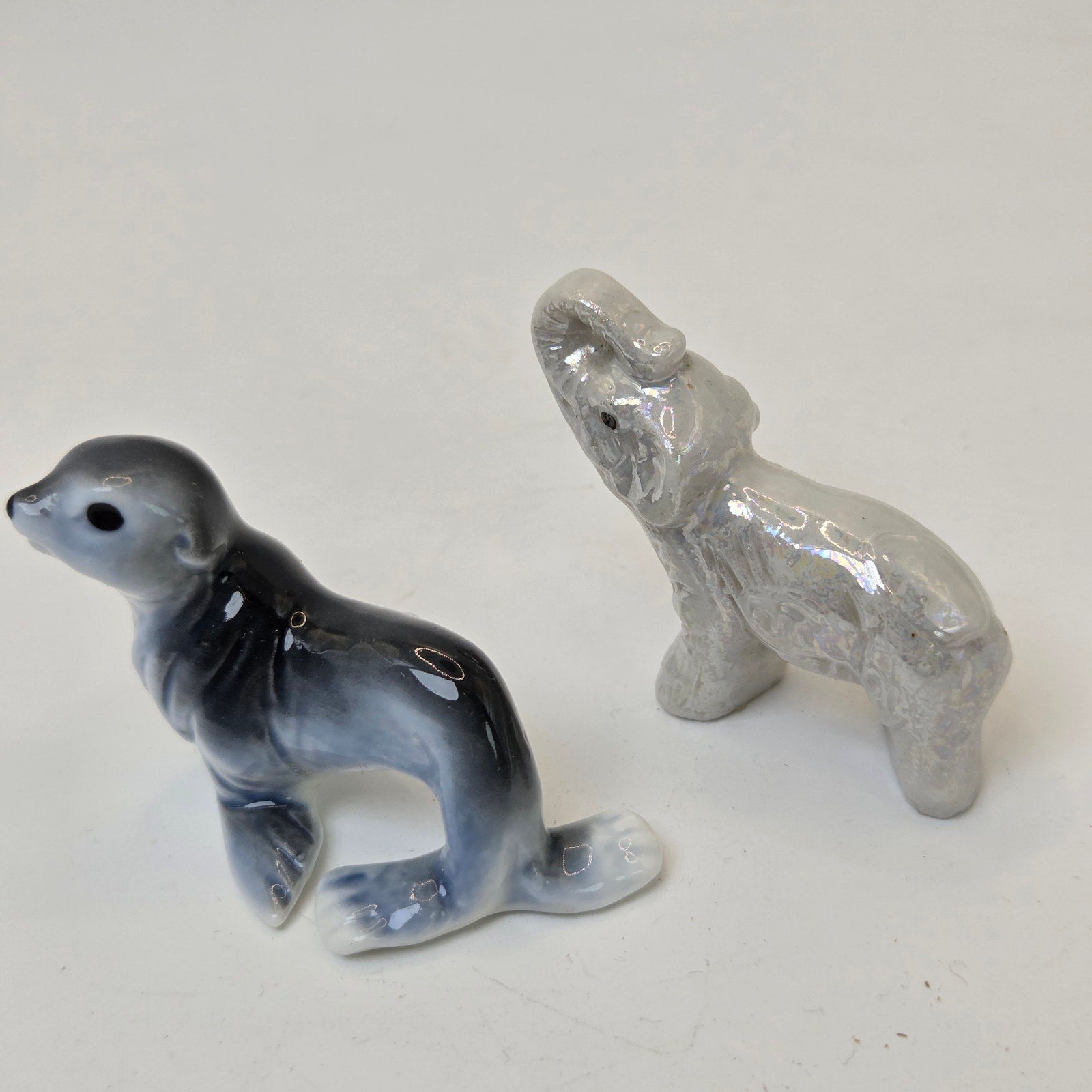 Miniature Ceramic Seal & Elephant Figurines Pair Unmarked Glazed Decor