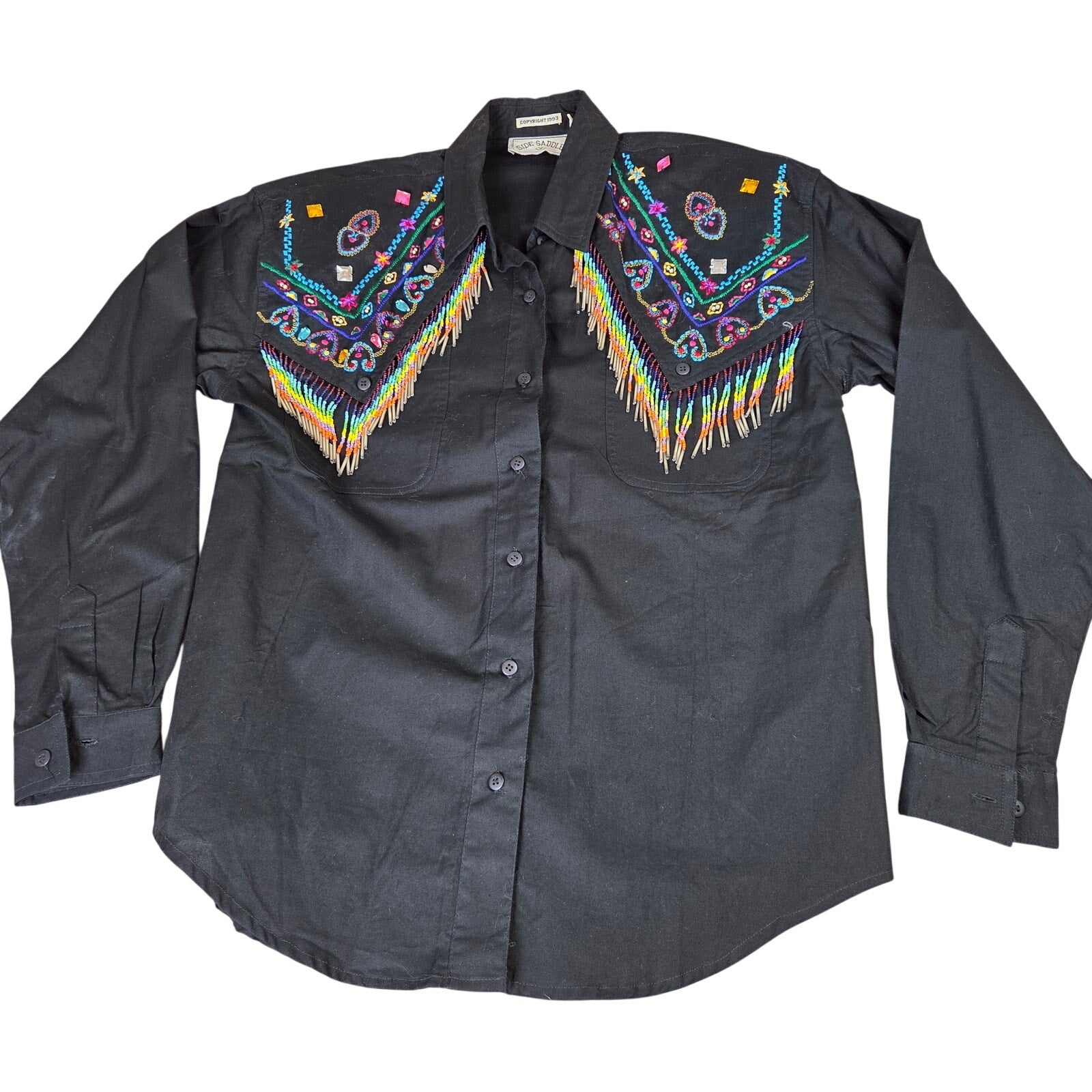 Side Saddle 1993 Beaded Fringe Western Button Shirt Black Cotton M Pad