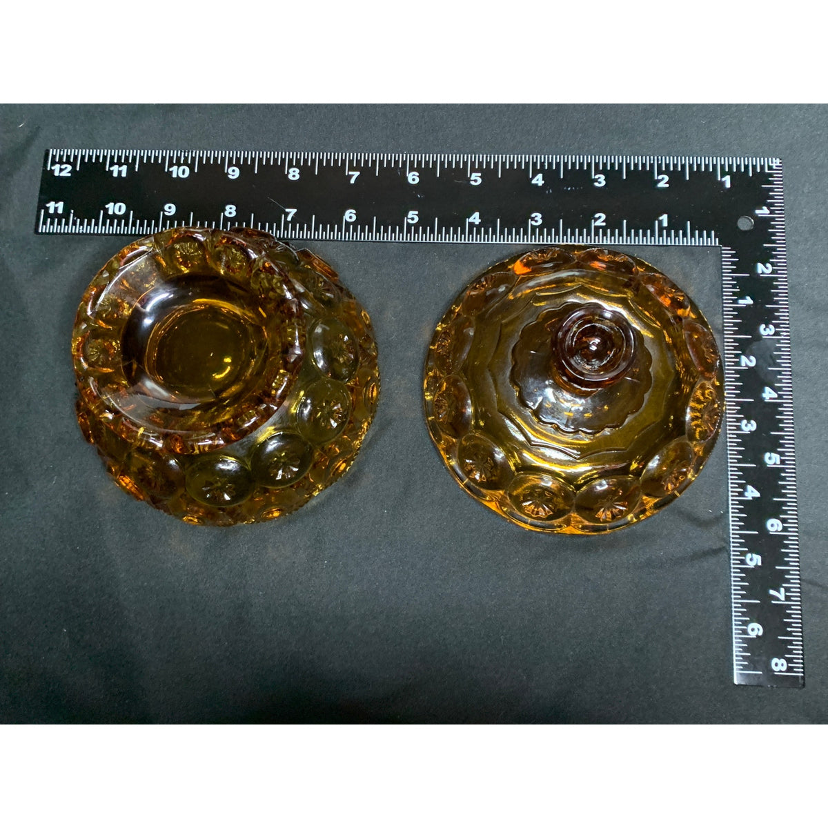 Vintage L.E. Smith Moon & Stars Amber Glass Covered Candy Dish Compote