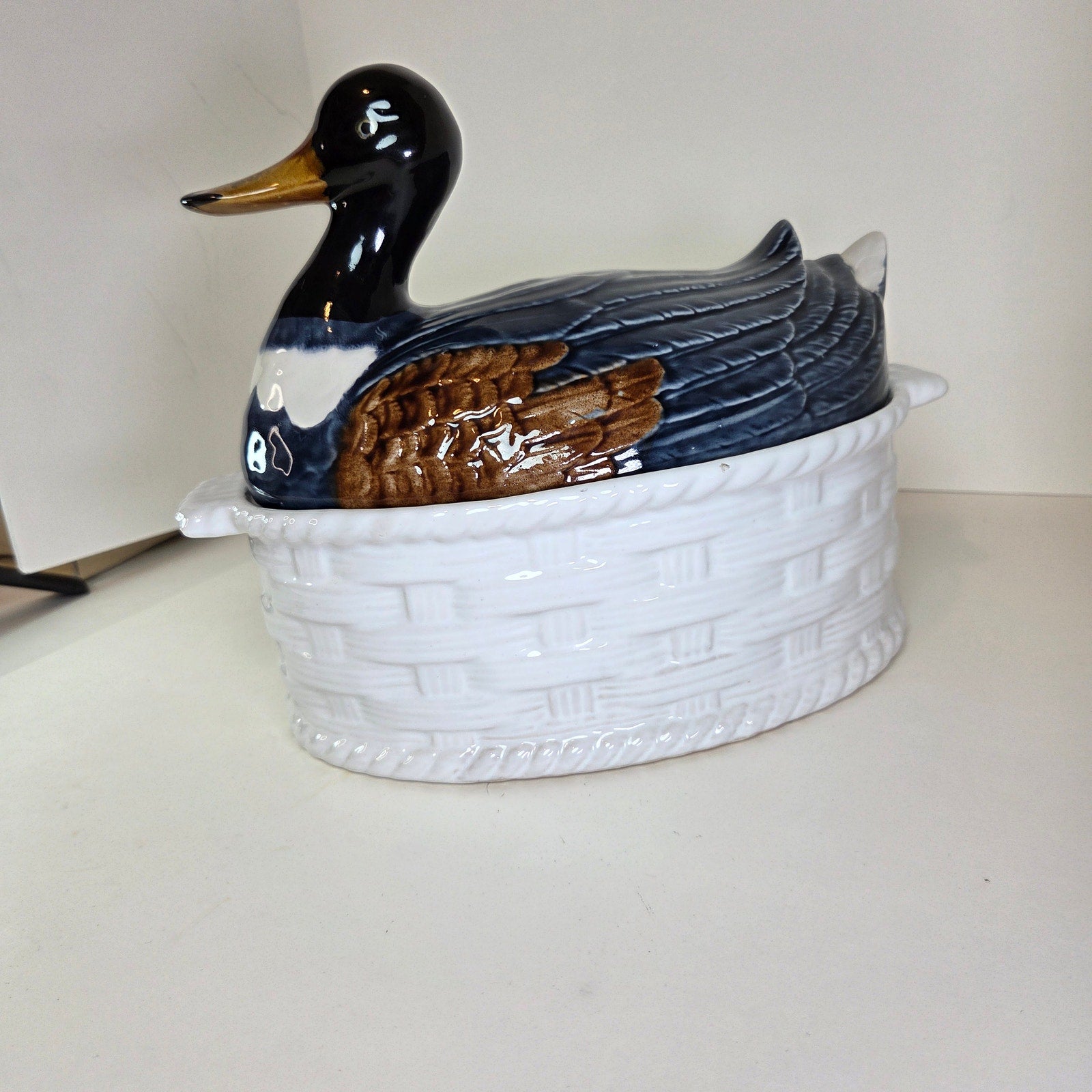Vintage Portugal Mallard Duck Tureen Covered Ceramic Dish Basket Weave 11"