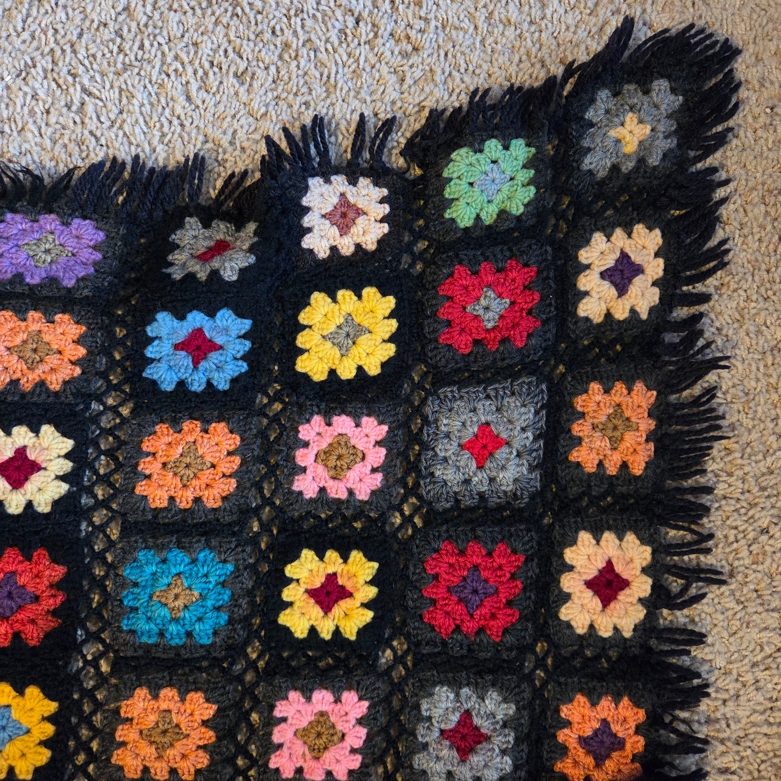 Vintage Handmade Granny Square Crochet Afghan Throw Blanket Roseanne Style