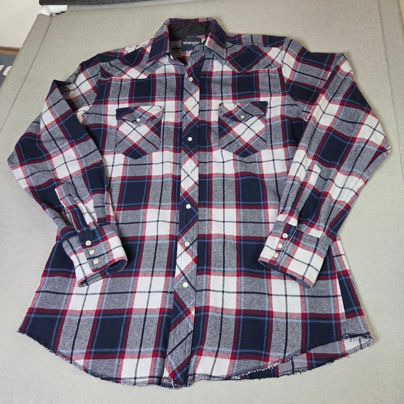 Wrangler Pearl Snap Western Plaid Long Sleeve Shirt Red Blue 22x32