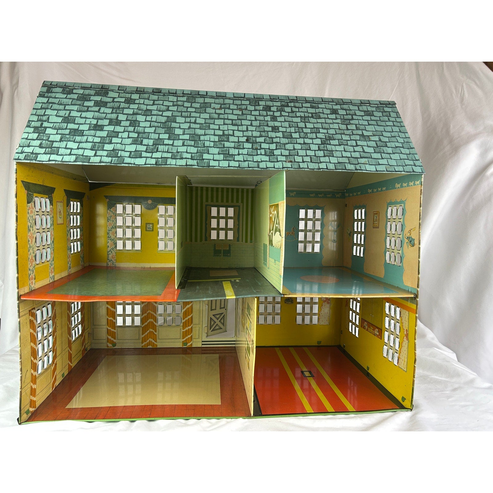 Playsteel Bucks County Colonial Tin Litho Dollhouse 1948 Vintage