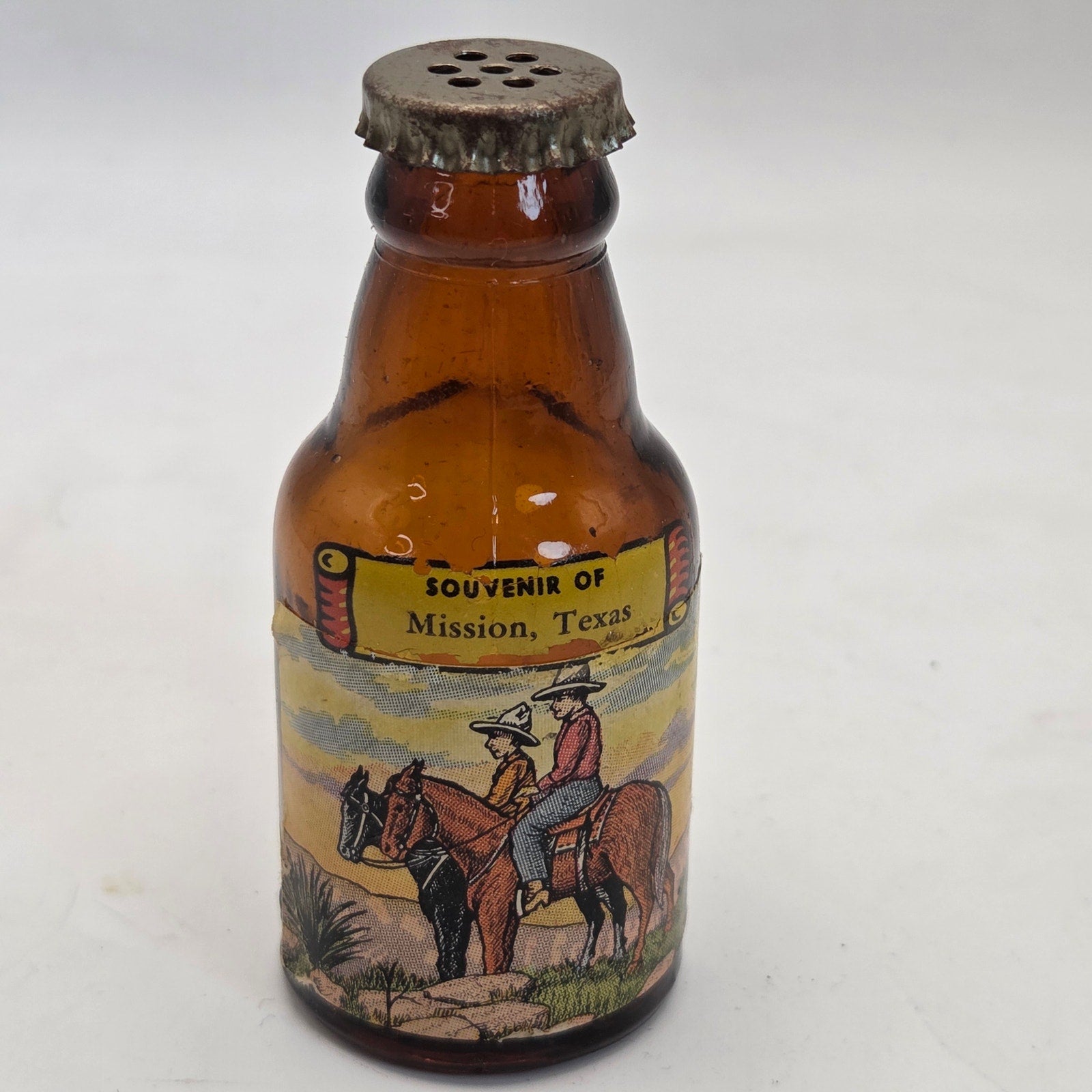 Vintage Mission Texas Souvenir Amber Glass Shaker Bottle Motel Buffalo Pat Pend