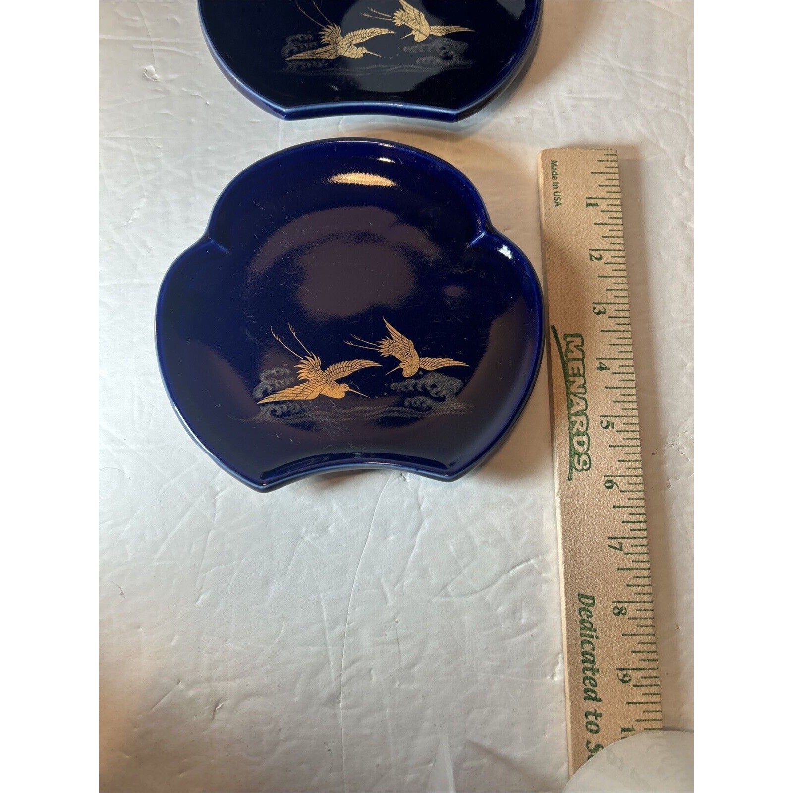 Set of 5 Japanese Decorative Plates Cranes Cobalt Blue Hand Painted with Gold