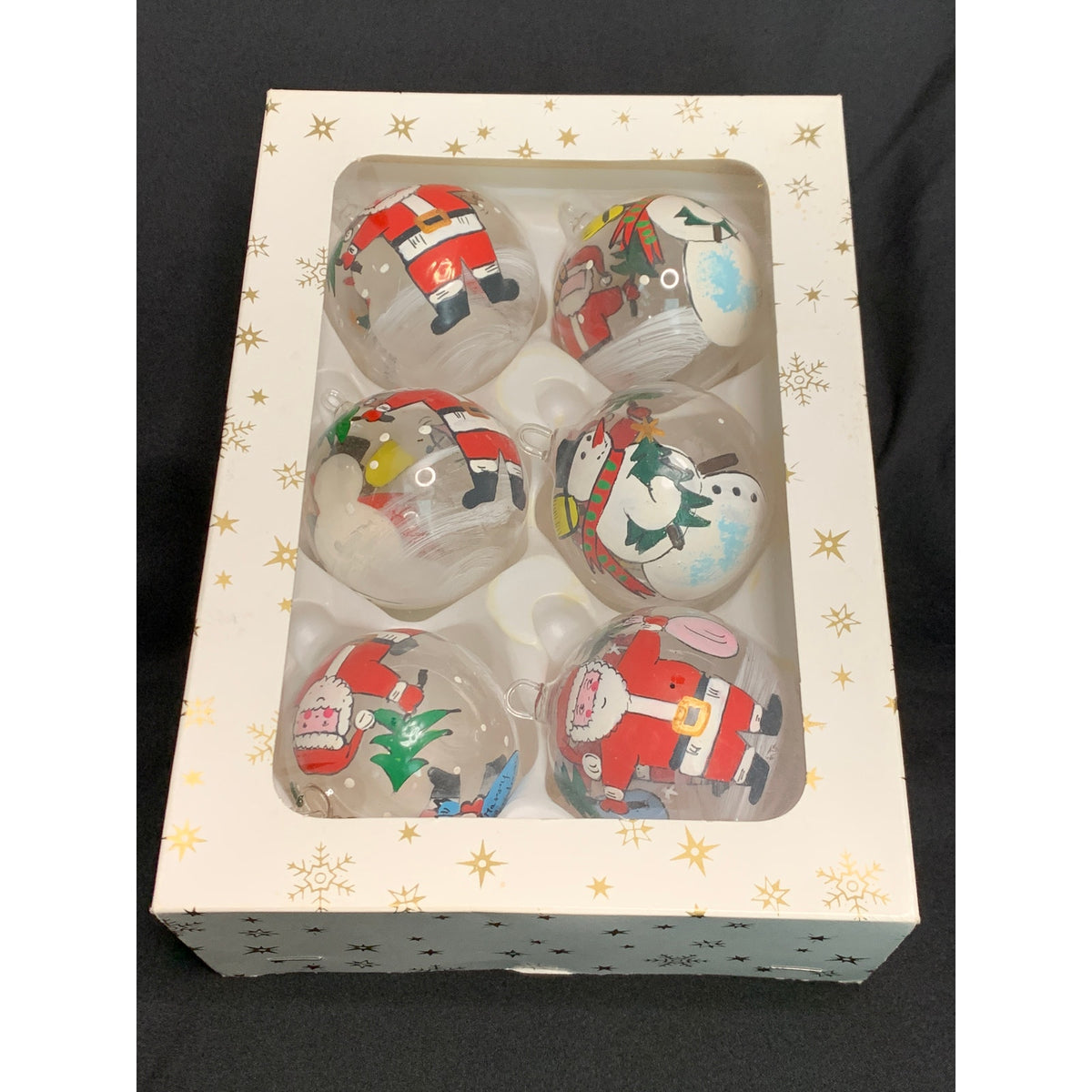 Vintage 1996 Czech Hand Painted Glass Christmas Ornaments Santa Snowman Set 6
