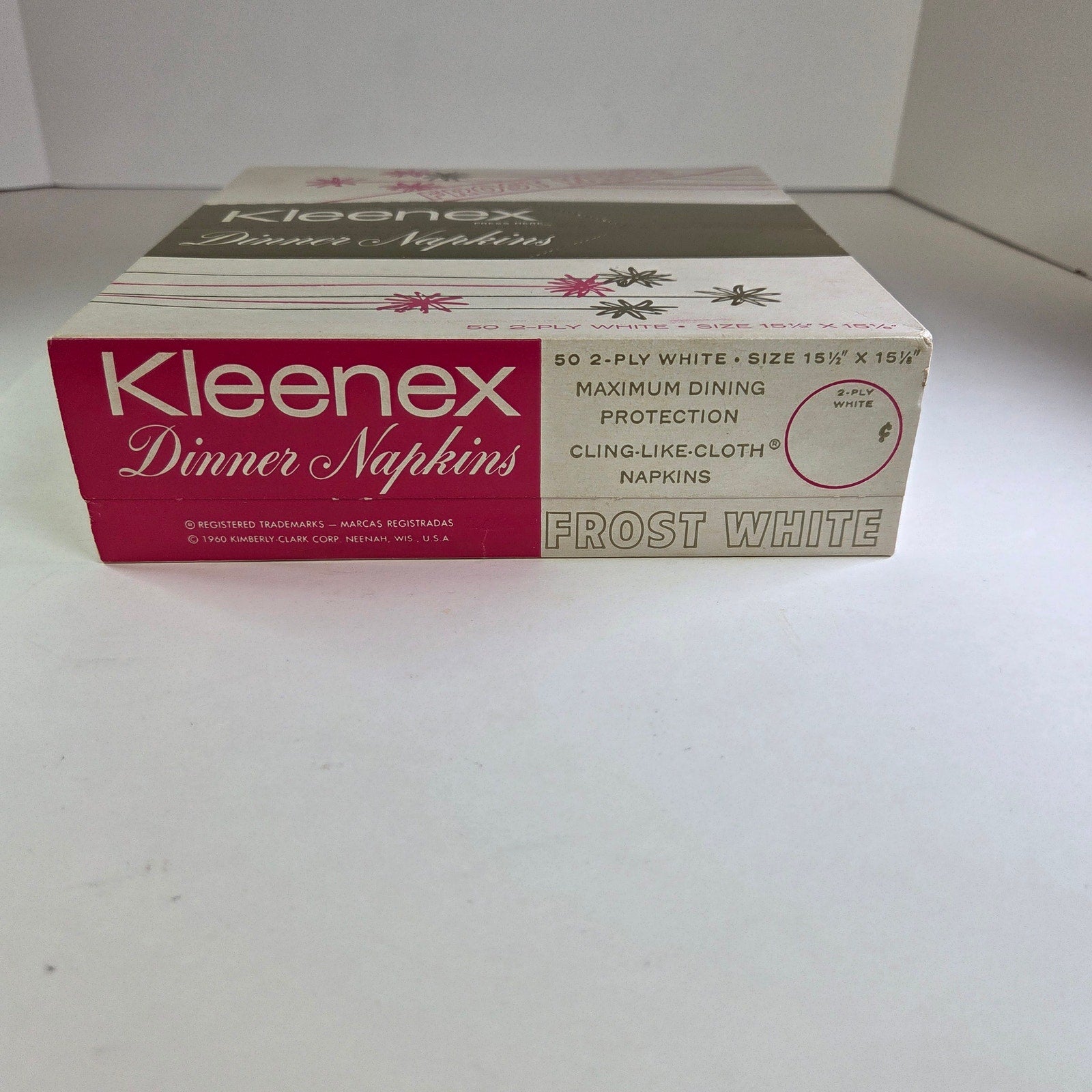 Vintage 1960 Kleenex Dinner Napkins Box Frost White 2-Ply 50ct Retro Unused NOS