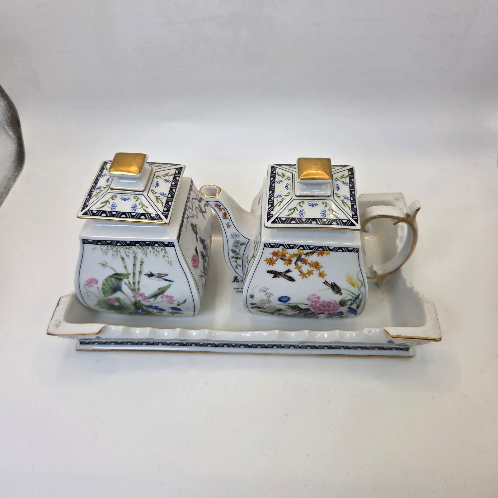 Franklin Mint 1989 Porcelain Sugar & Creamer Set w Tray Flowers Birds Gold