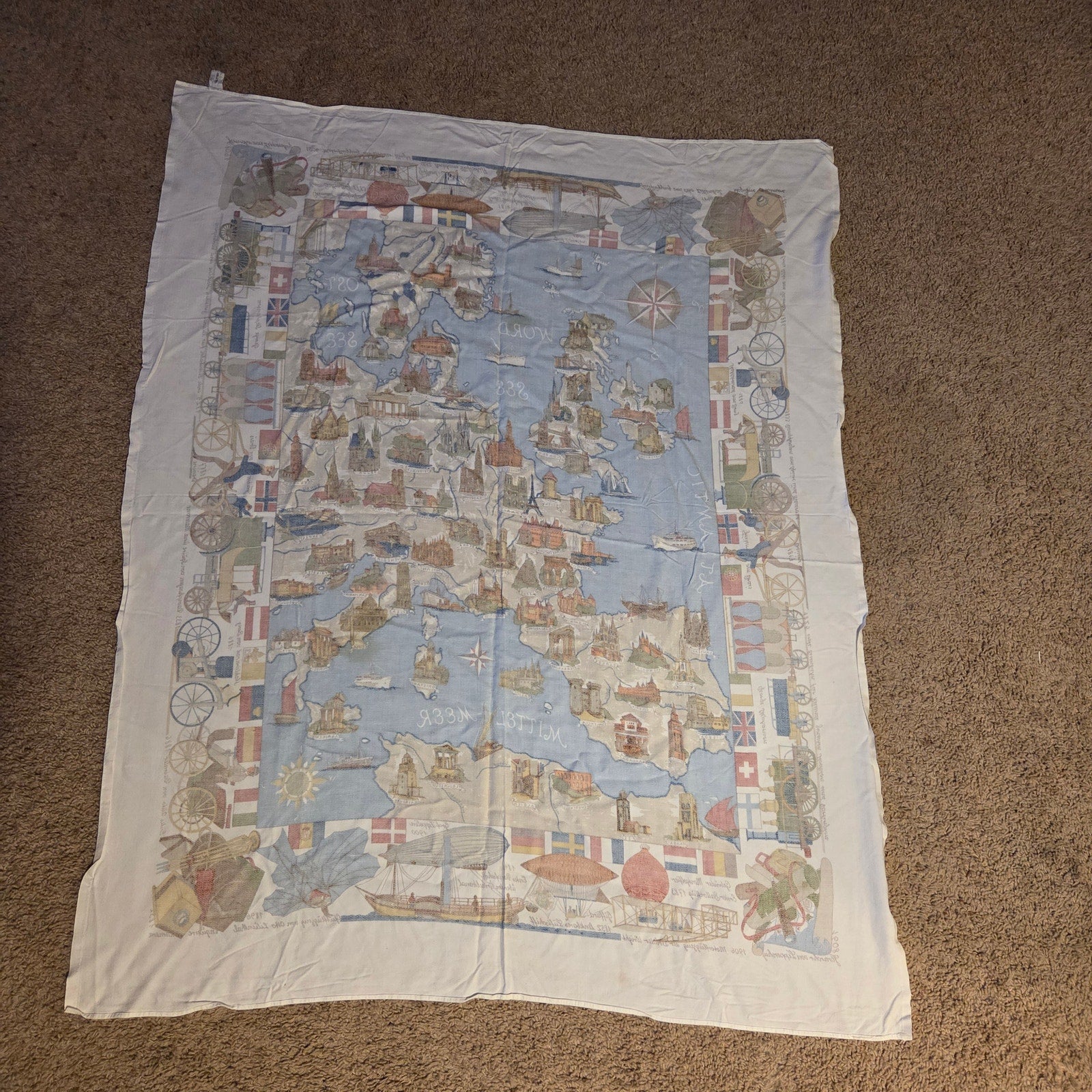 Vintage Europe Map Textile Tieltjet Viscose Wall Hanging 57x45”