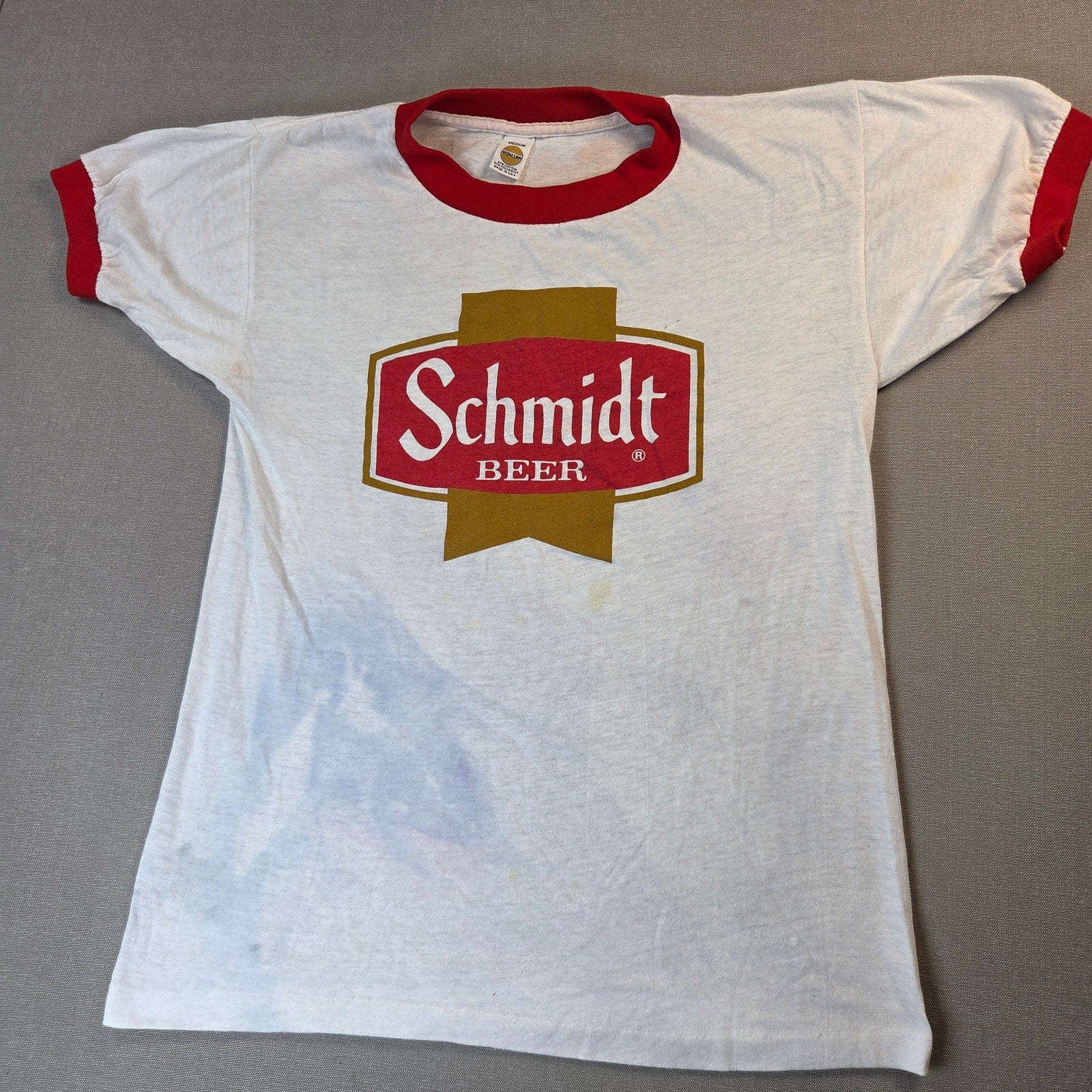 Schmidt Beer Vintage 1980s Ringer T Shirt Medallion USA Medium Stained M