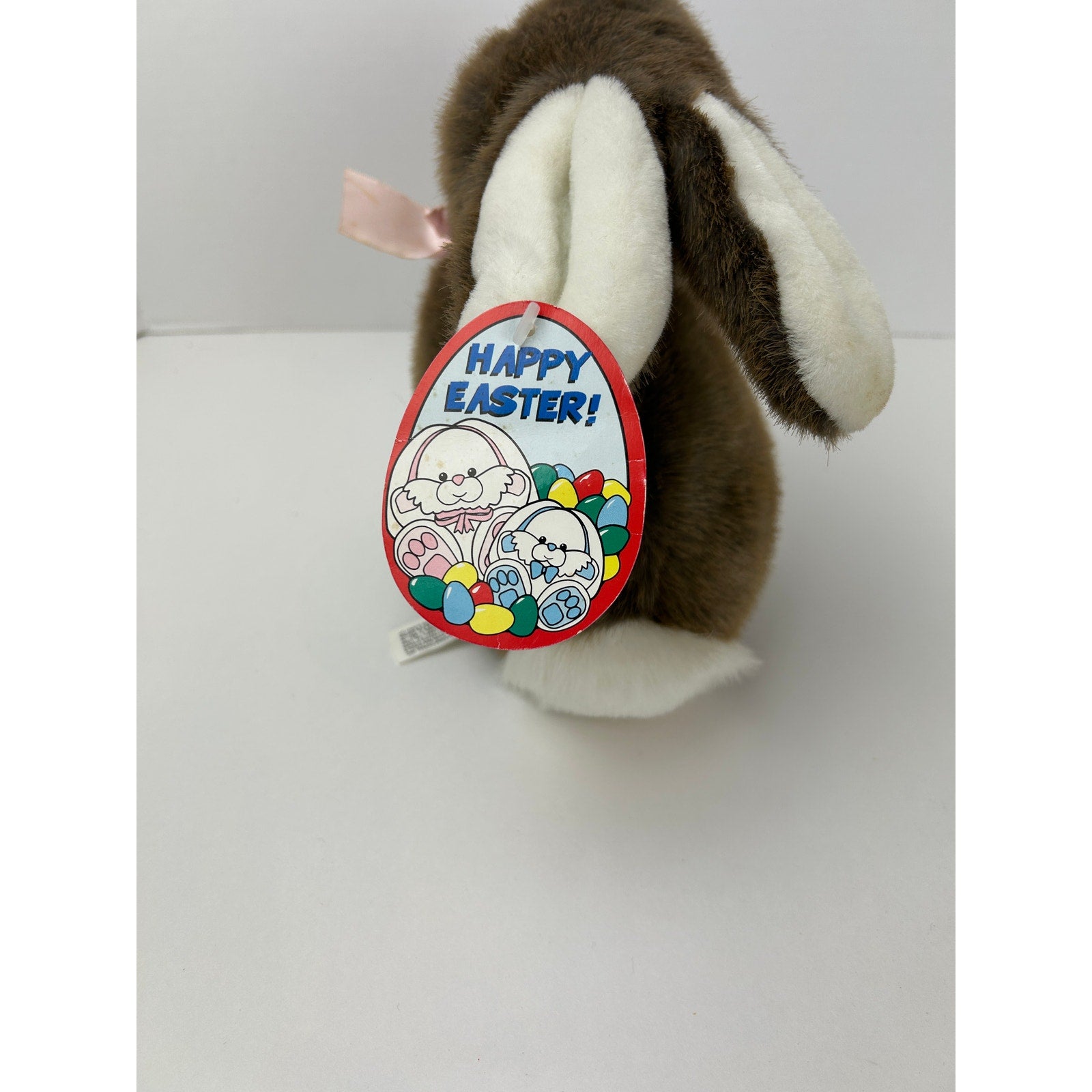 Vintage Easter Bunny Plush Brown and White Rabbit With Happy Easter Tag