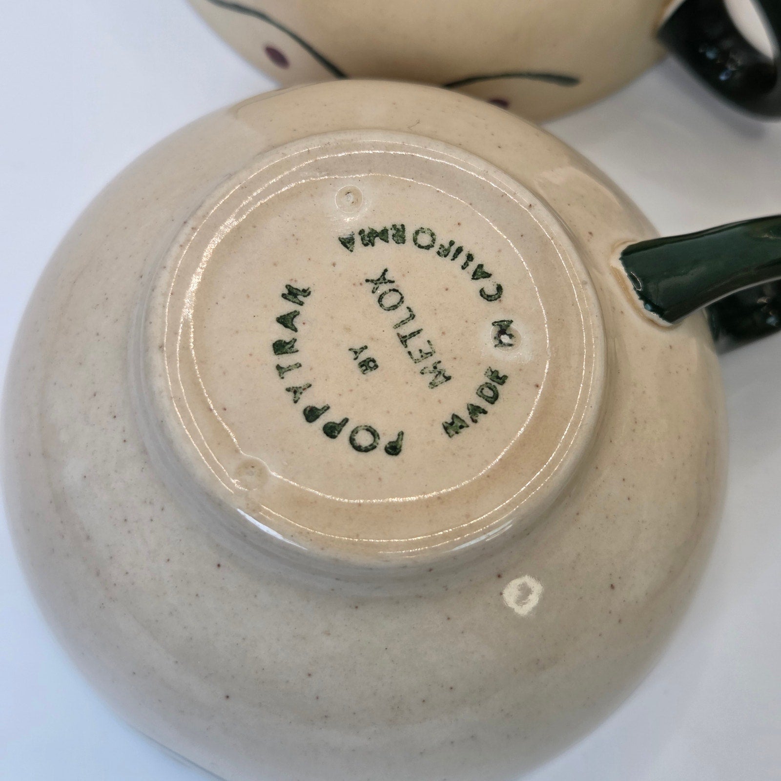 Vintage Metlox Poppytrail 4 Coffee Tea Cups California Pottery Set Green Handles
