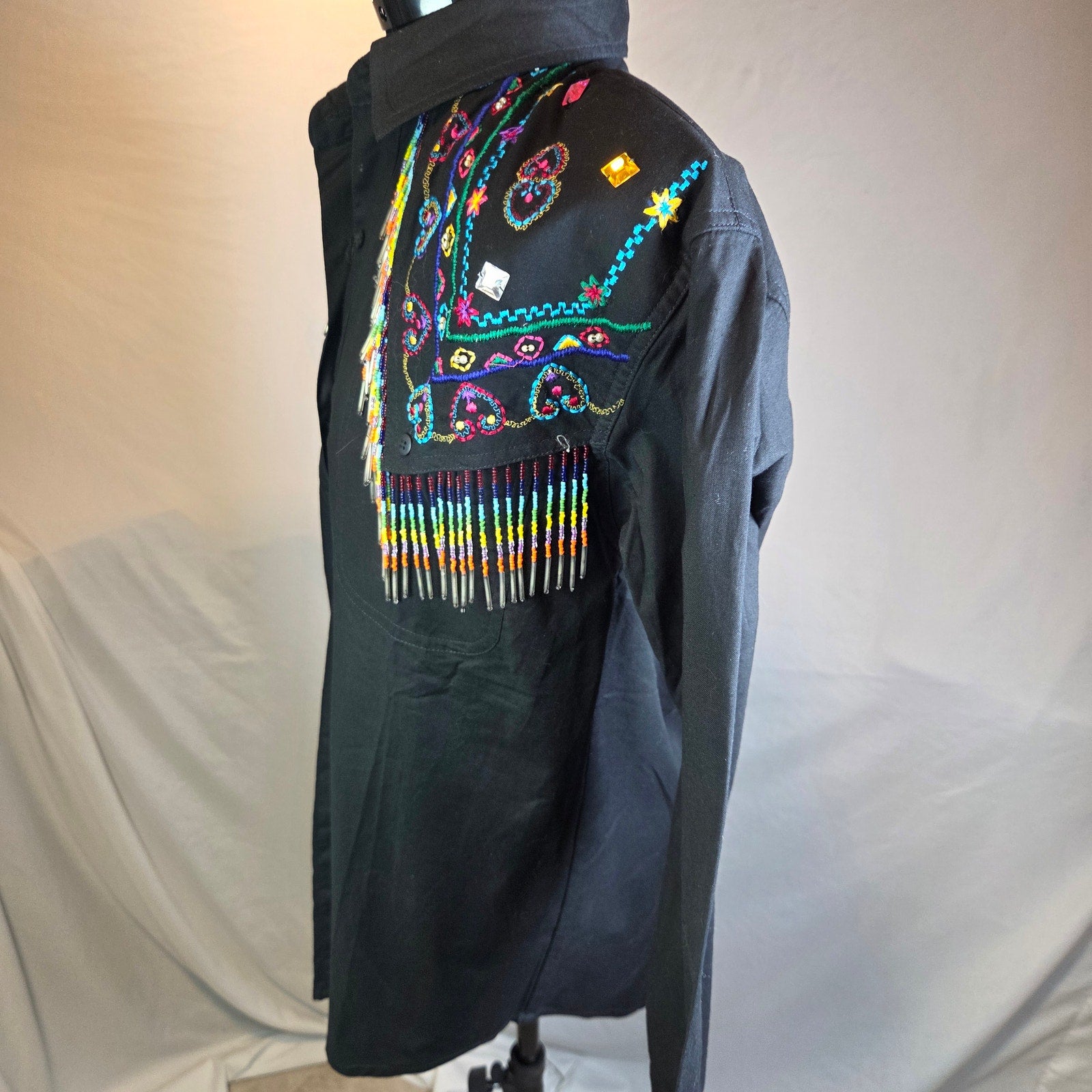 Side Saddle 1993 Beaded Fringe Western Button Shirt Black Cotton M Pad