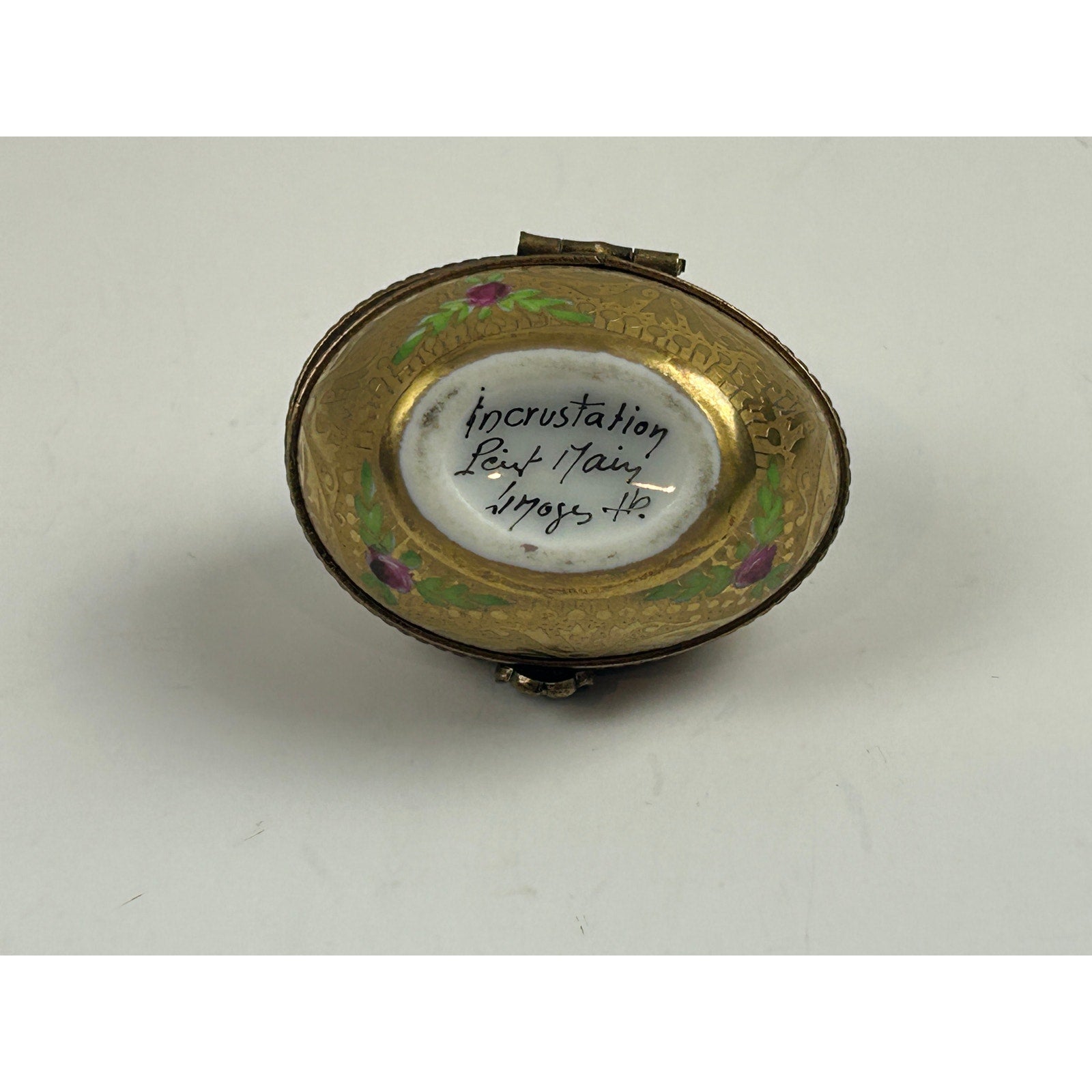 Limoges France Incrustation Trinket Box Hand Painted Roses Raised Gold Oval