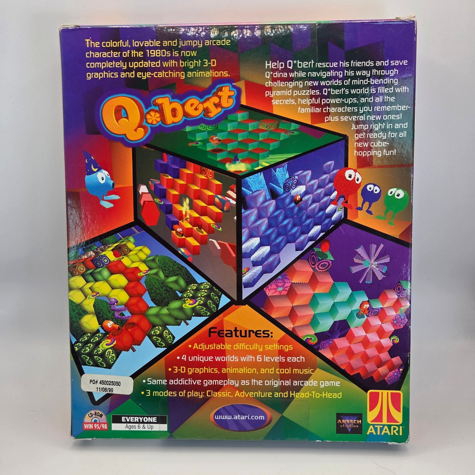 Q*Bert PC CD-ROM Game 1999 Hasbro Atari Windows 95/98 Big Box CIB