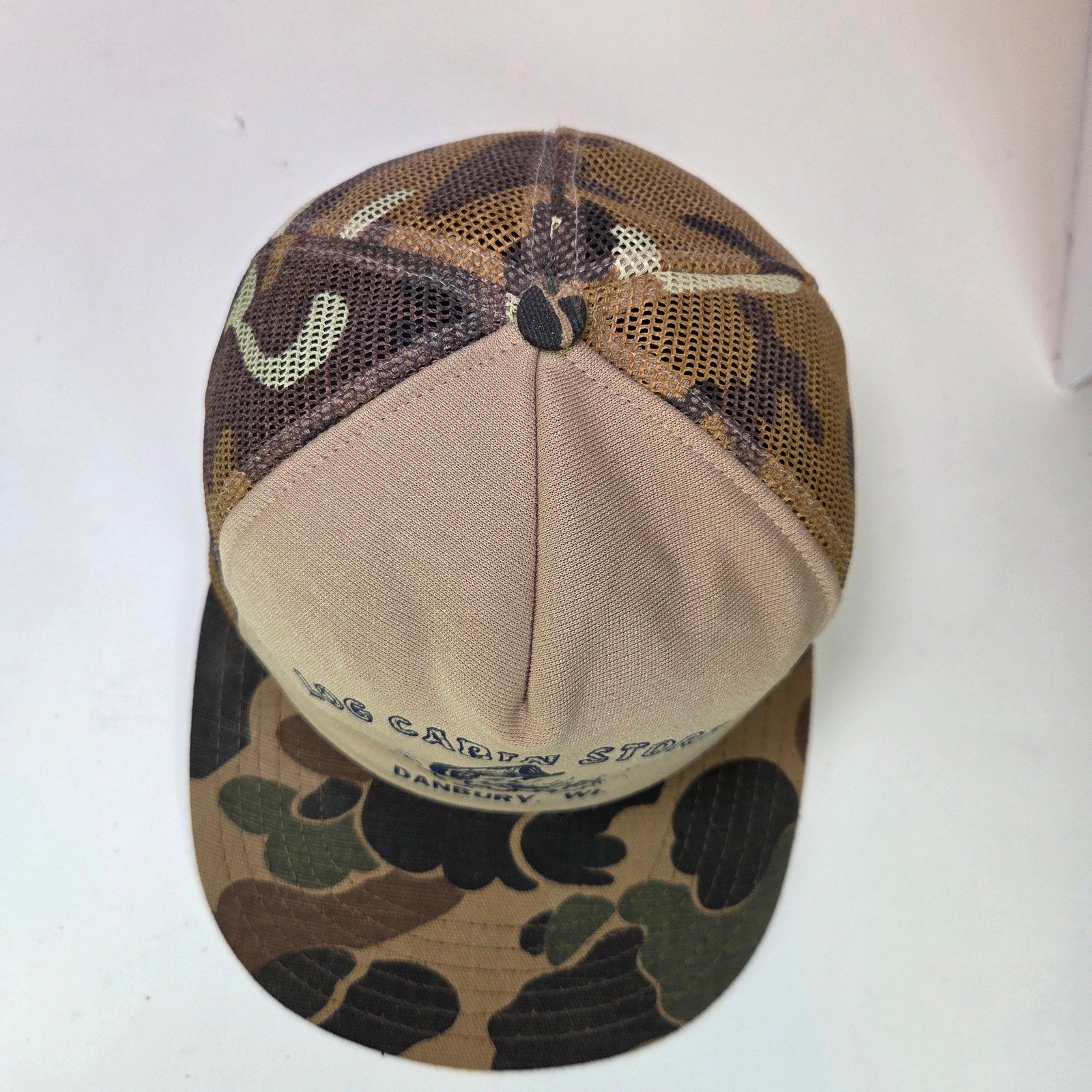 Vintage Log Cabin Store Danbury WI Camo Mesh Trucker Hat USA Made Semco