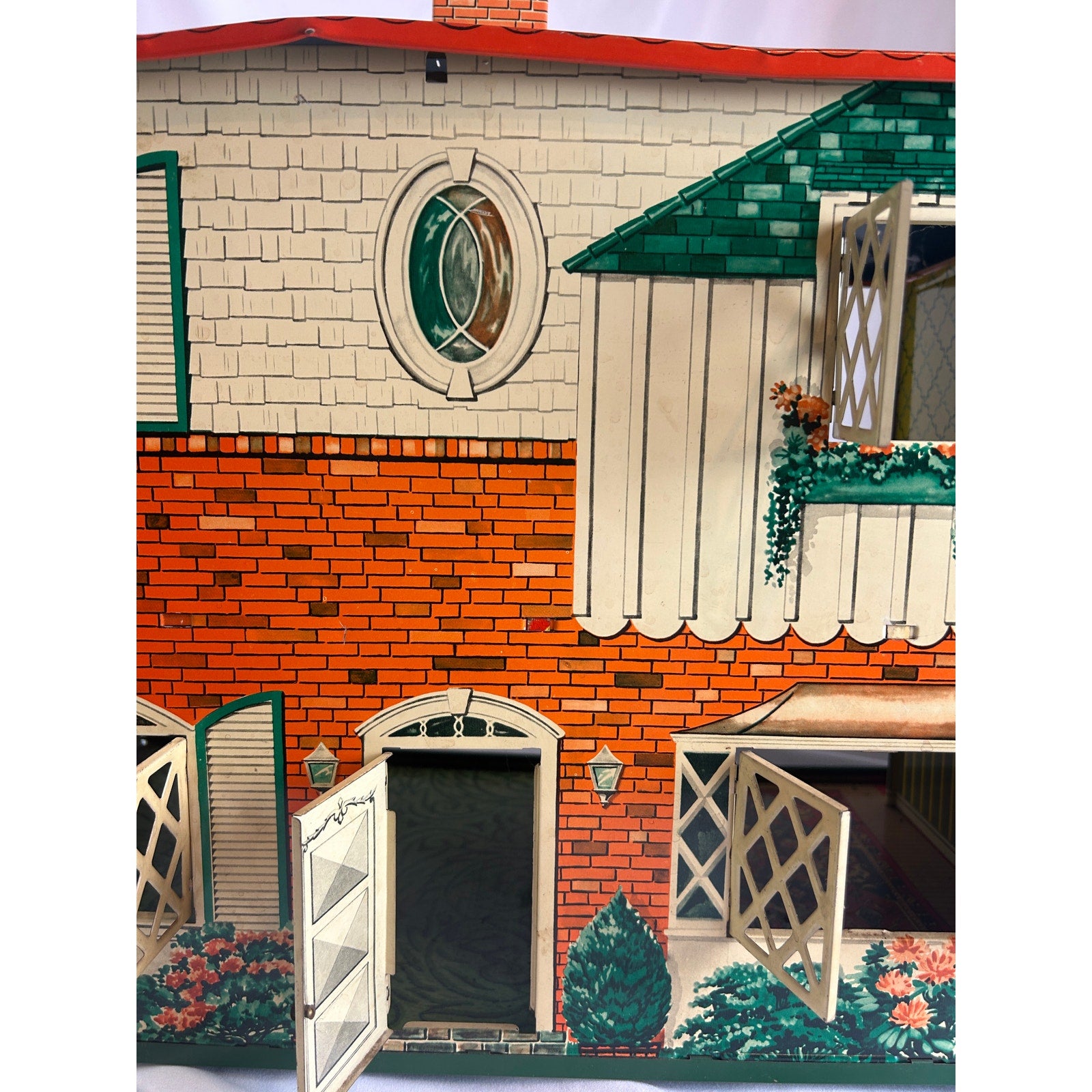 Large Vintage 1950's T Cohn Tin Litho Dollhouse Two Story Modern House