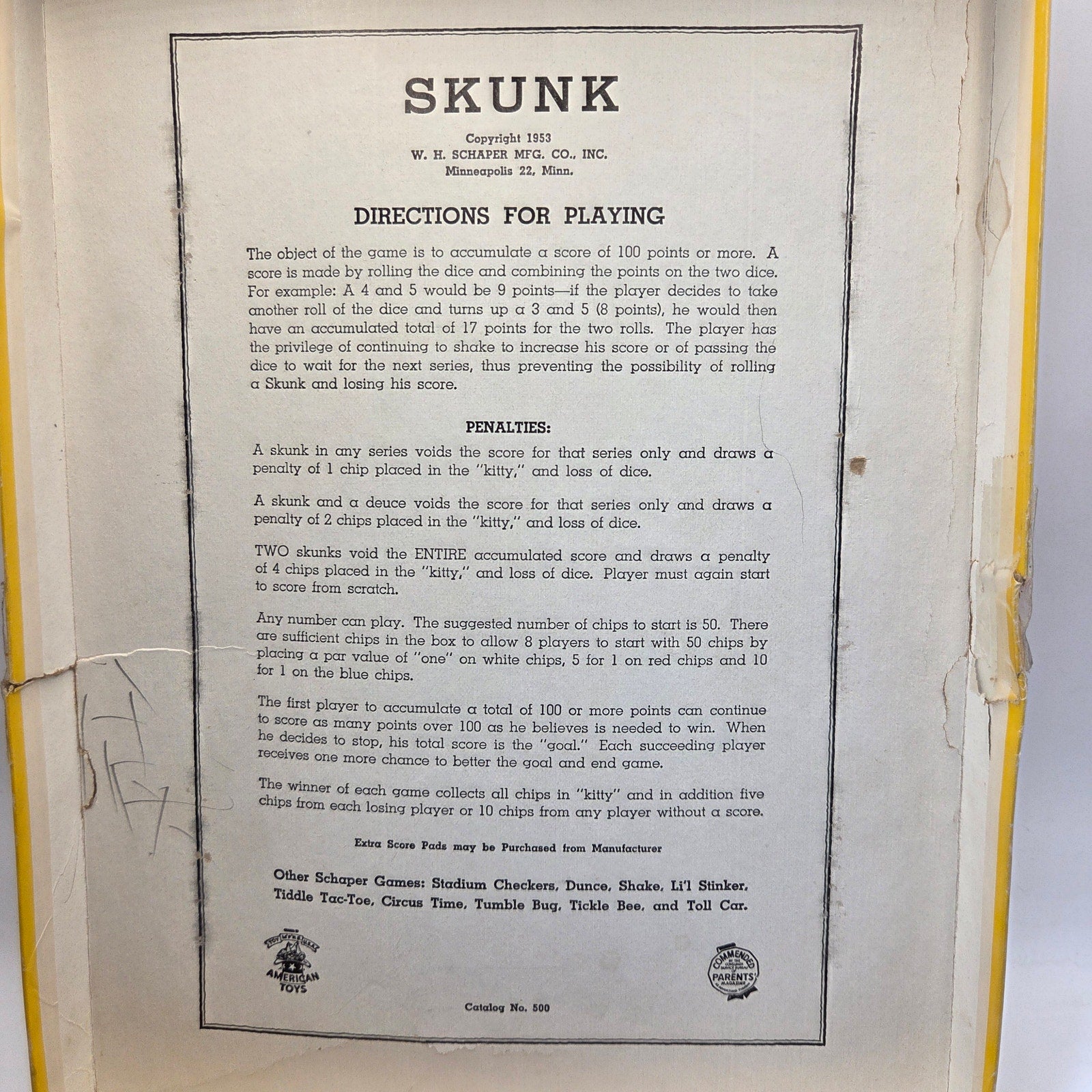 W.H. Schaper Skunk Dice Game 1953 Vintage Complete Set w Chips Dice Box