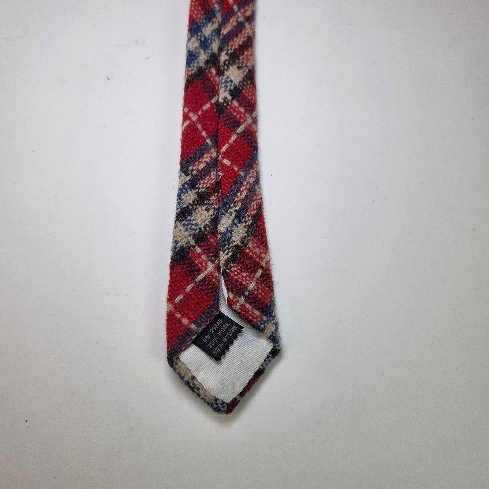 Vintage Kings Lynn Wool Plaid Tie Red Navy Cream Tartan 4” Wide 70s Preppy Style