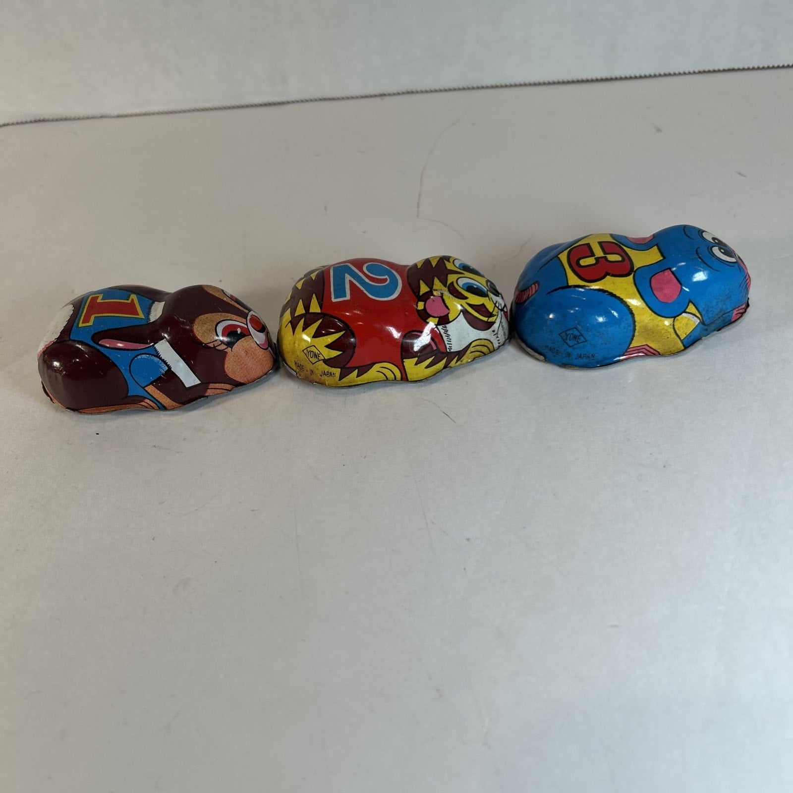 Vintage Yoone Japan Tin Friction Racers Set of 3 Rabbit Tiger Mouse 1950s–70s