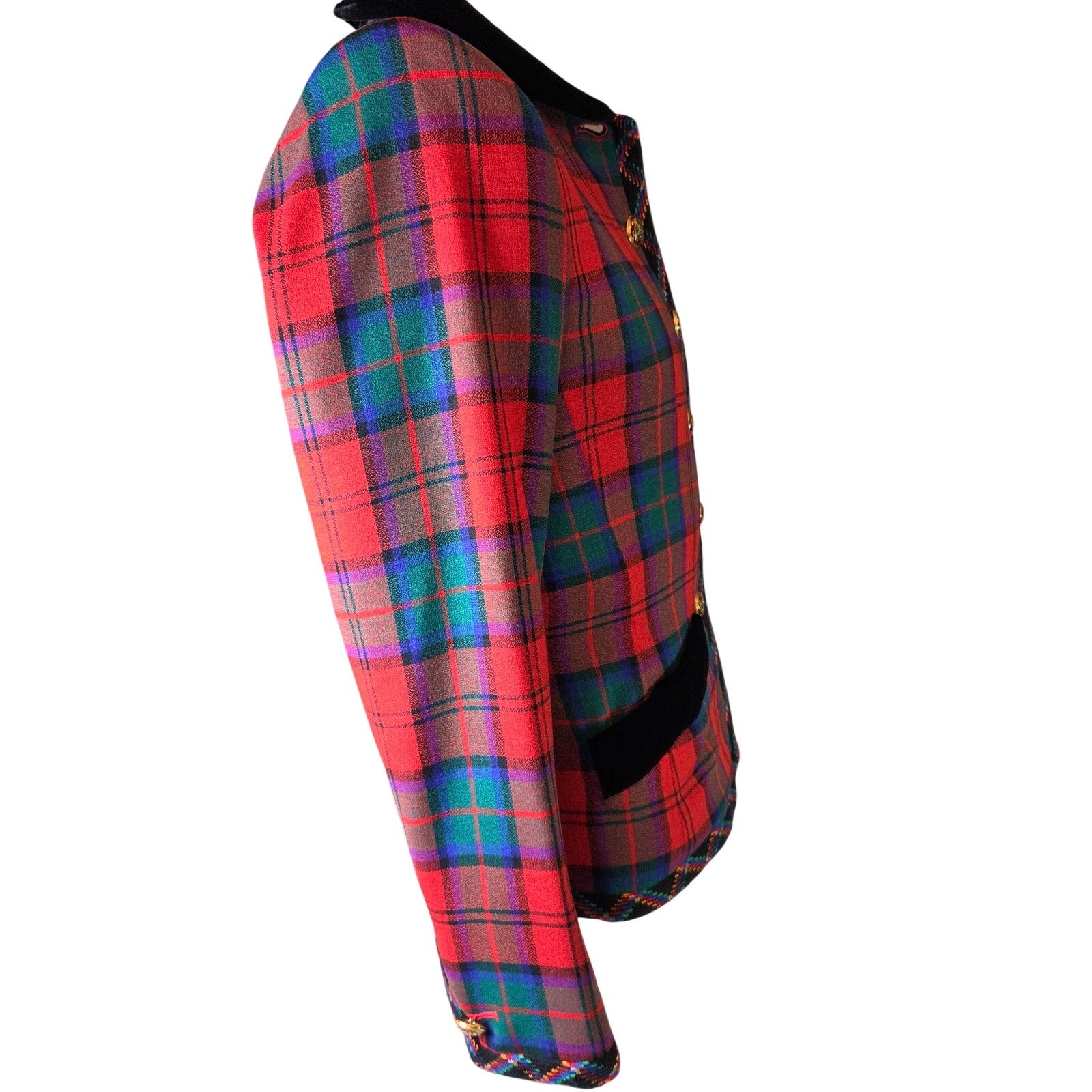 Vintage Yves Saint Laurent Rive Gauche 1994 Tartan Wool Jacket Velvet Trim FR38