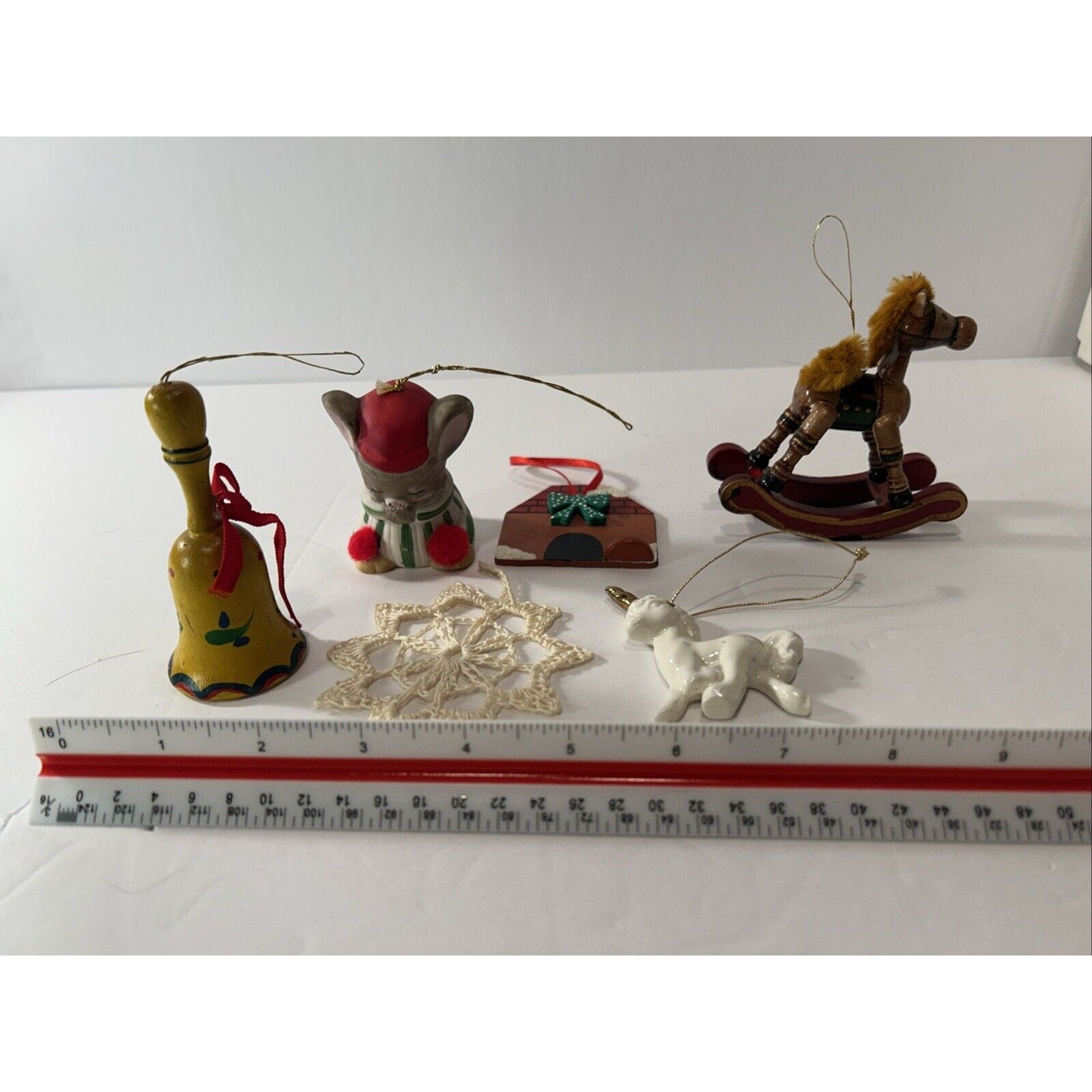 Christmas Ornament Lot of 6 – Wood, Ceramic & Crochet Holiday Mix