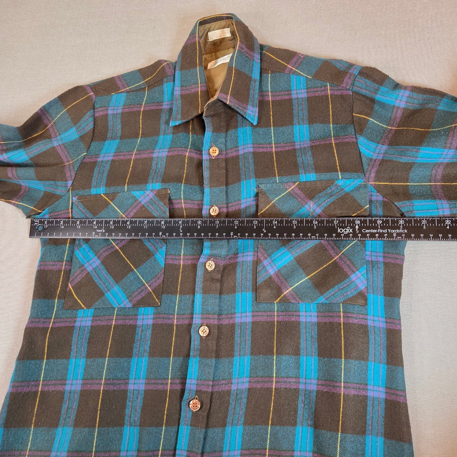 Vintage 70s Gordon Pine Scott Sears Flannel Shirt Brown Blue Plaid Small