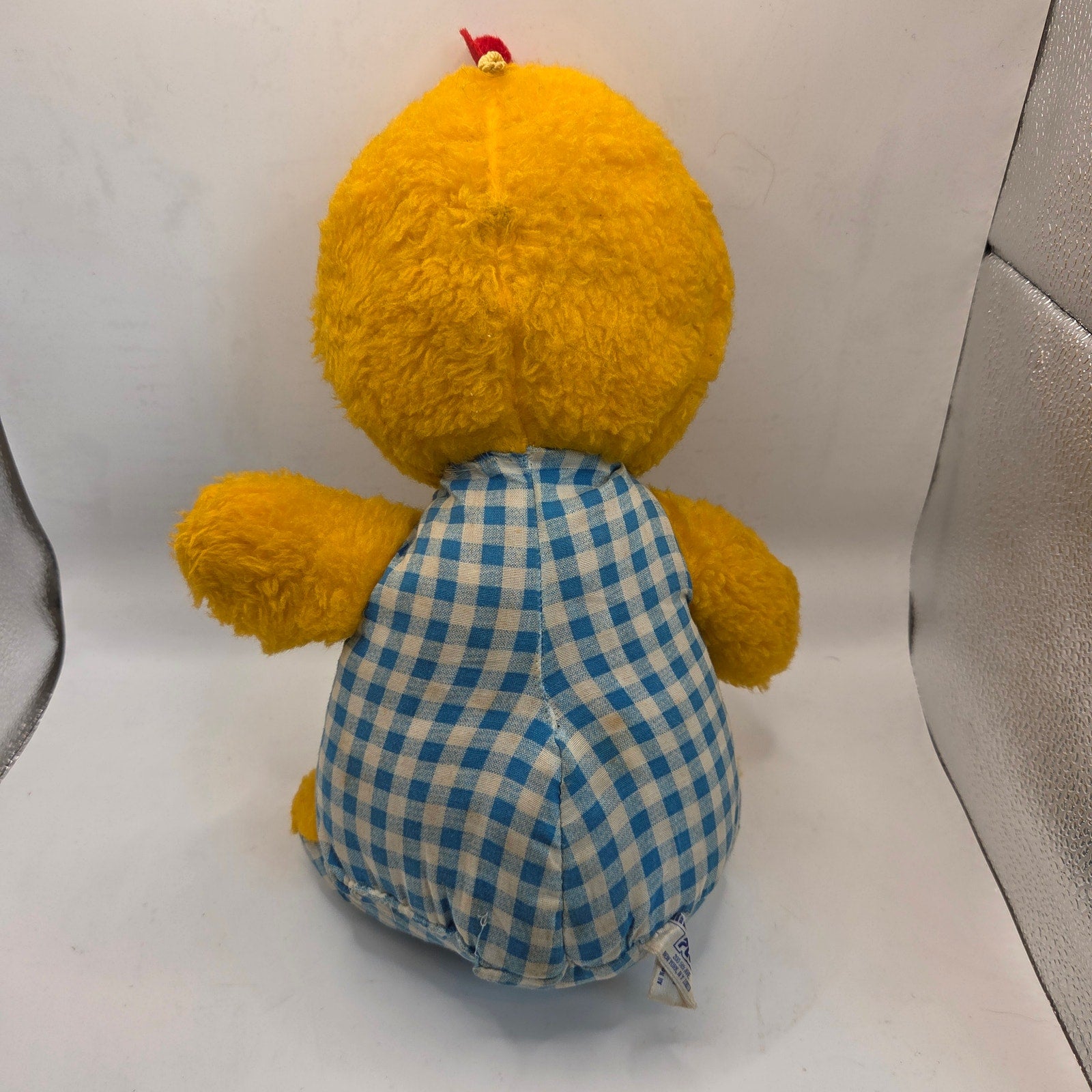 Vintage 1980s Plush Chick Yellow Stuffed Animal in Blue Gingham Romper Haiti